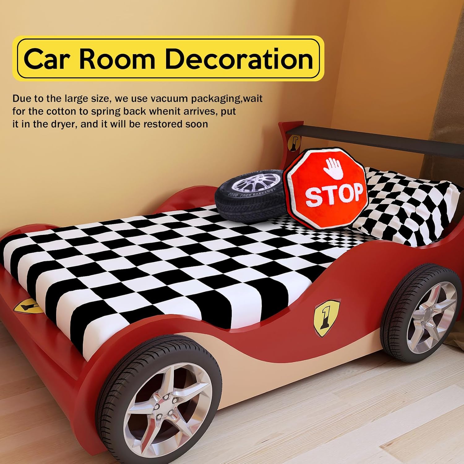 Woanger 2 Pcs Race Car Room Decor Racing Plush Throw Pillow Set Gift 15.7 Inch Soft 3D Simulation Wheel Pillow Funny Tire Cone Traffic Light and Stop for Valentines Bedroom Decorations(Stop Sign)
