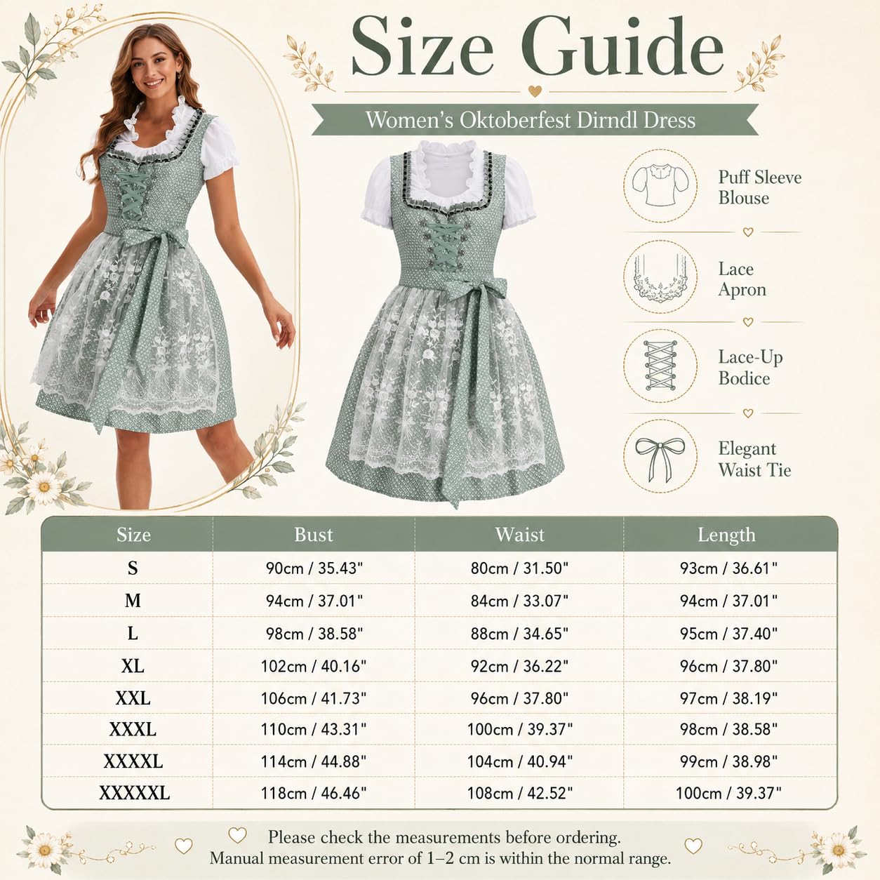 Dirndl Damen Oktoberfest Damen Outfit Midi Dirndlkleid Trachtenkleid inkl. Trachtenrock Dirndlbluse Dirndlschürze, Dirndl Kleidung Trachtenmode Kleid Schlicht Tracht Dirndlkleid Schürze Spitze Kleid