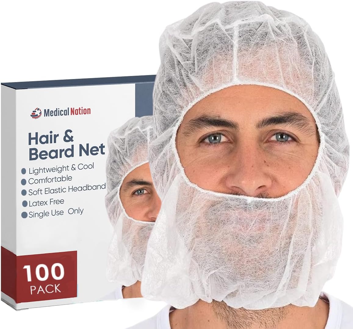 Medical Nation Hair Net and Beard Net | 100 Pack, White | Disposable Protective Hairnets and Beard Net Combo for Full Face, Hairnets Food Service, Disposable Hoods Perfect for Work, Lab, Cooking