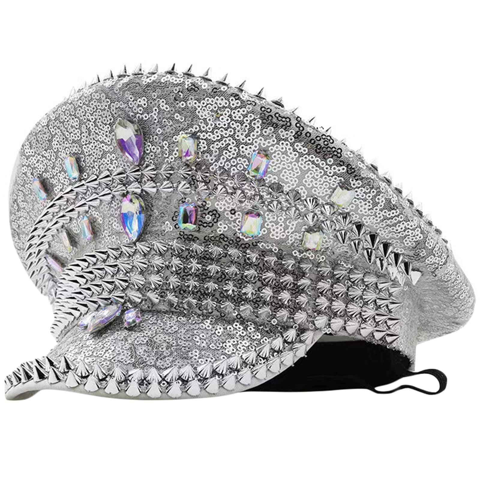 SANSIWU Rhinestone Sequin Captain Hat Sparkly Spiked Steampunk Military Hat Glitter Rave Party Costume Headwear for Women Bachelorette Cap (A-Silver, ONE Size)