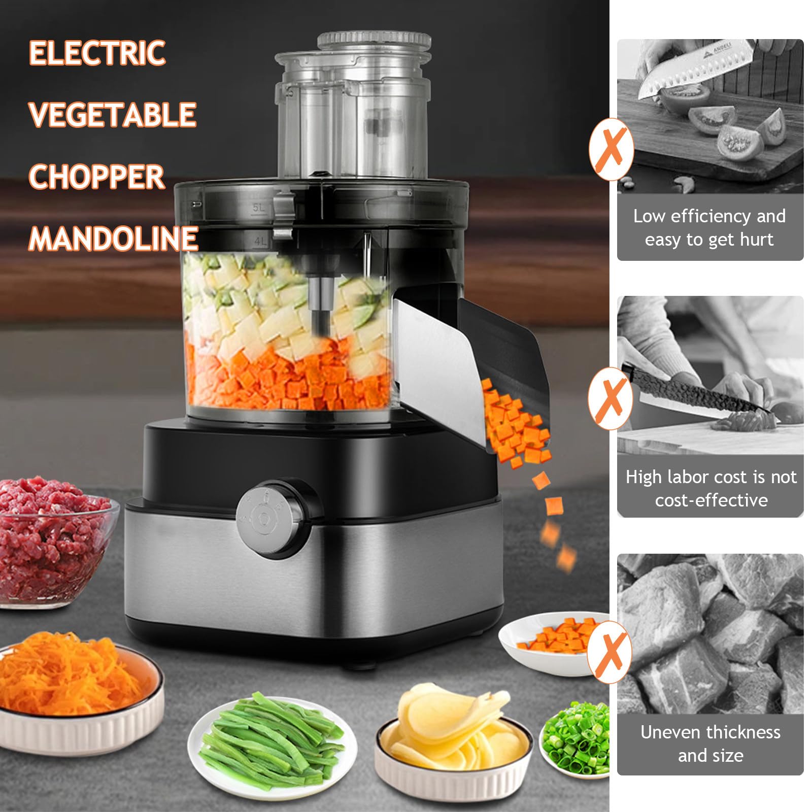 Picadora eléctrica de alimentos con cuenco de acero inoxidable y múltiples cuchillas para rebanar, cortar y triturar eficientemente en la preparación a granel