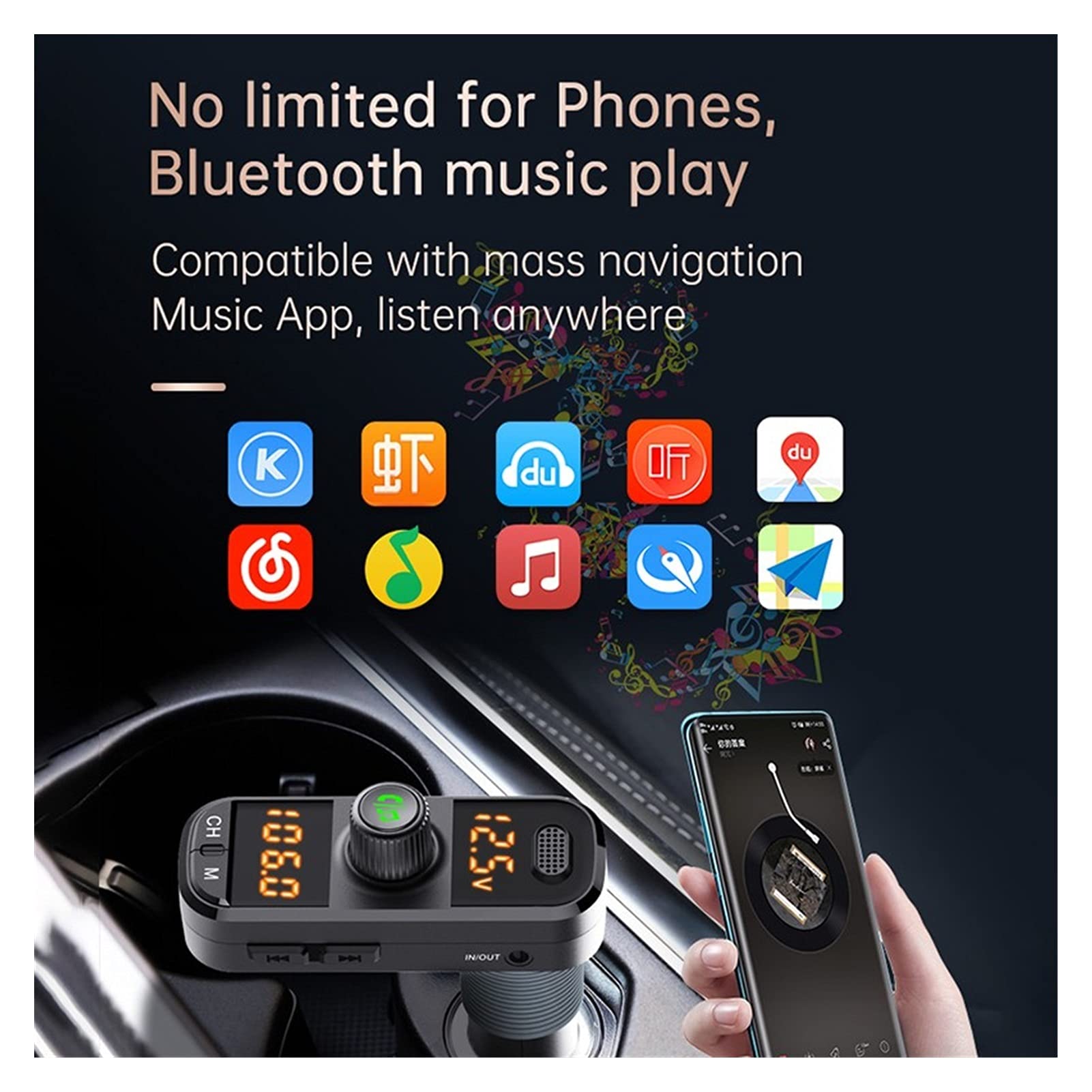 Adattatore Audio Bluetooth. Auto Bluetooth 5.0 Dual-Display FM. Ricevitore Vivavoce Wireless trasmettitore Auto MP3. Regolazione del Giocatore a 360 ° QC3.0 + PD. Caricabatterie Veloce
