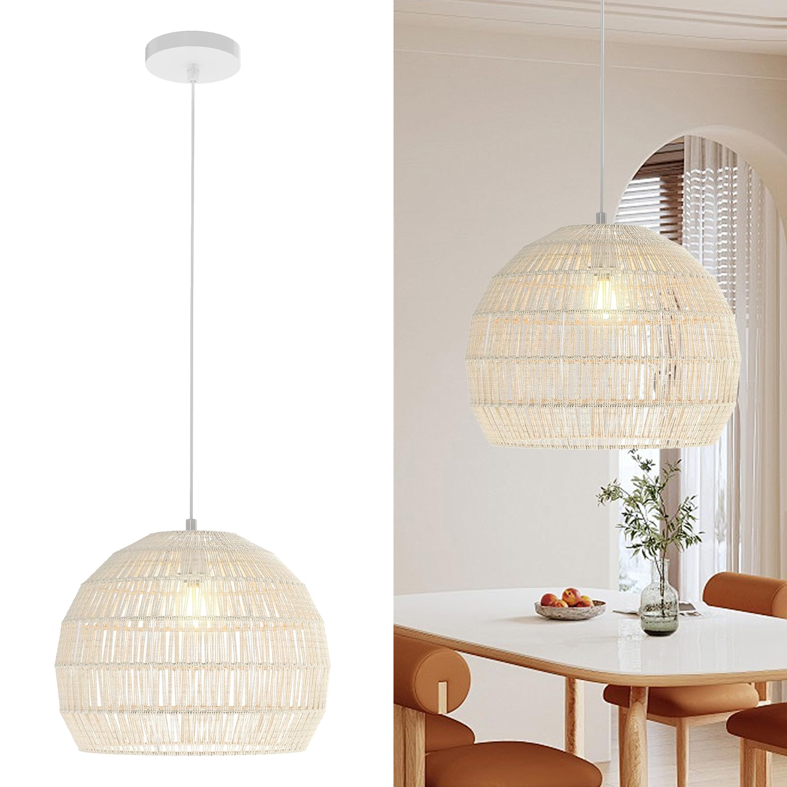 COSTWAY Lampada a Sospensione, Lampadario Moderno con Struttura in Metallo e Cupola in Carta, Luce con Altezza Regolabile per Cucina, Camera da Letto e Soggiorno, 43 x 43 x 34 cm (Beige)