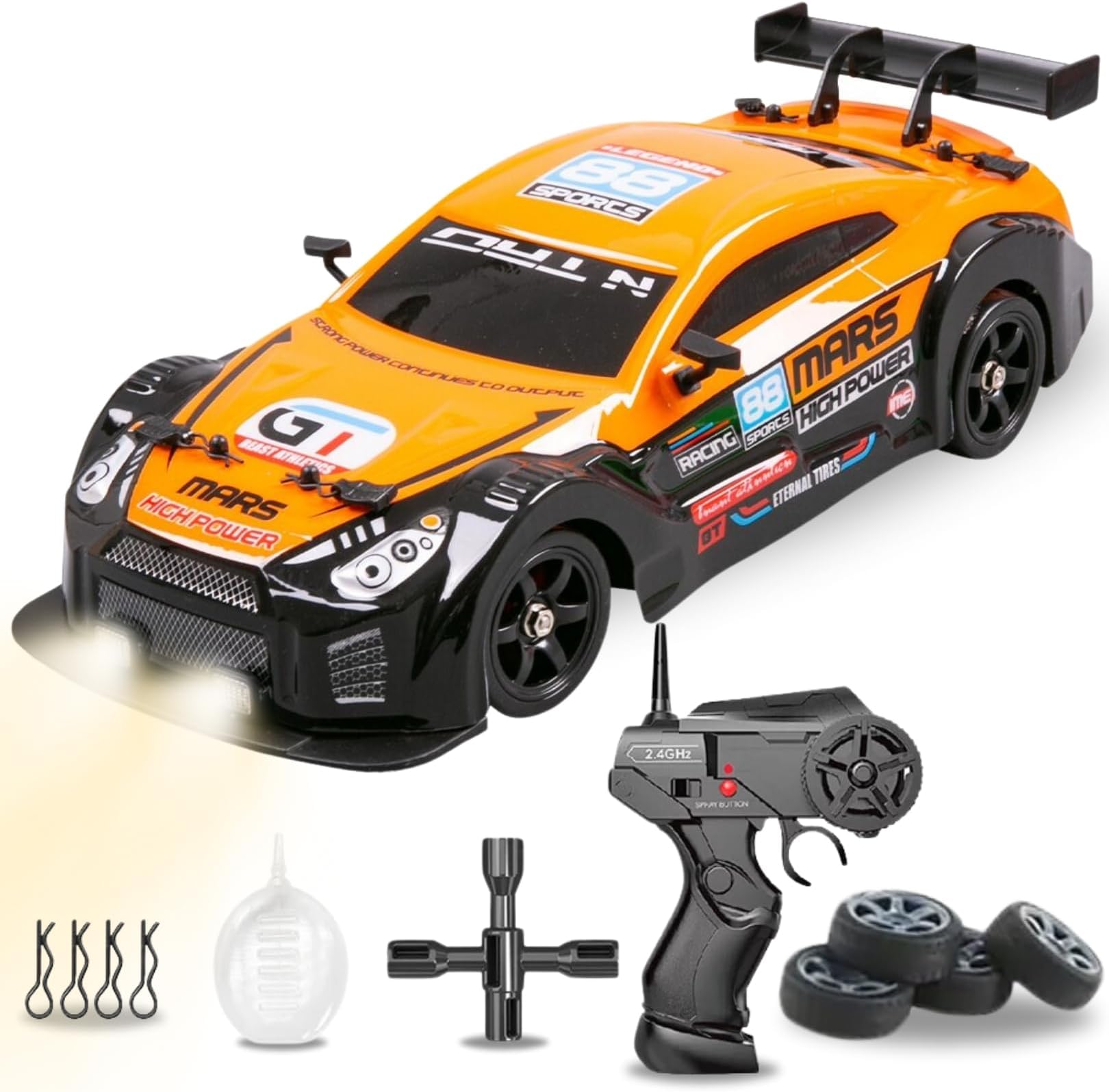 Liberty Imports RC Drift Car 1/16 2.4GHz 4WD Remote Control Sport Racing On-Road Vehicle with LED Light, Batteries and Drift Tires (Orange)