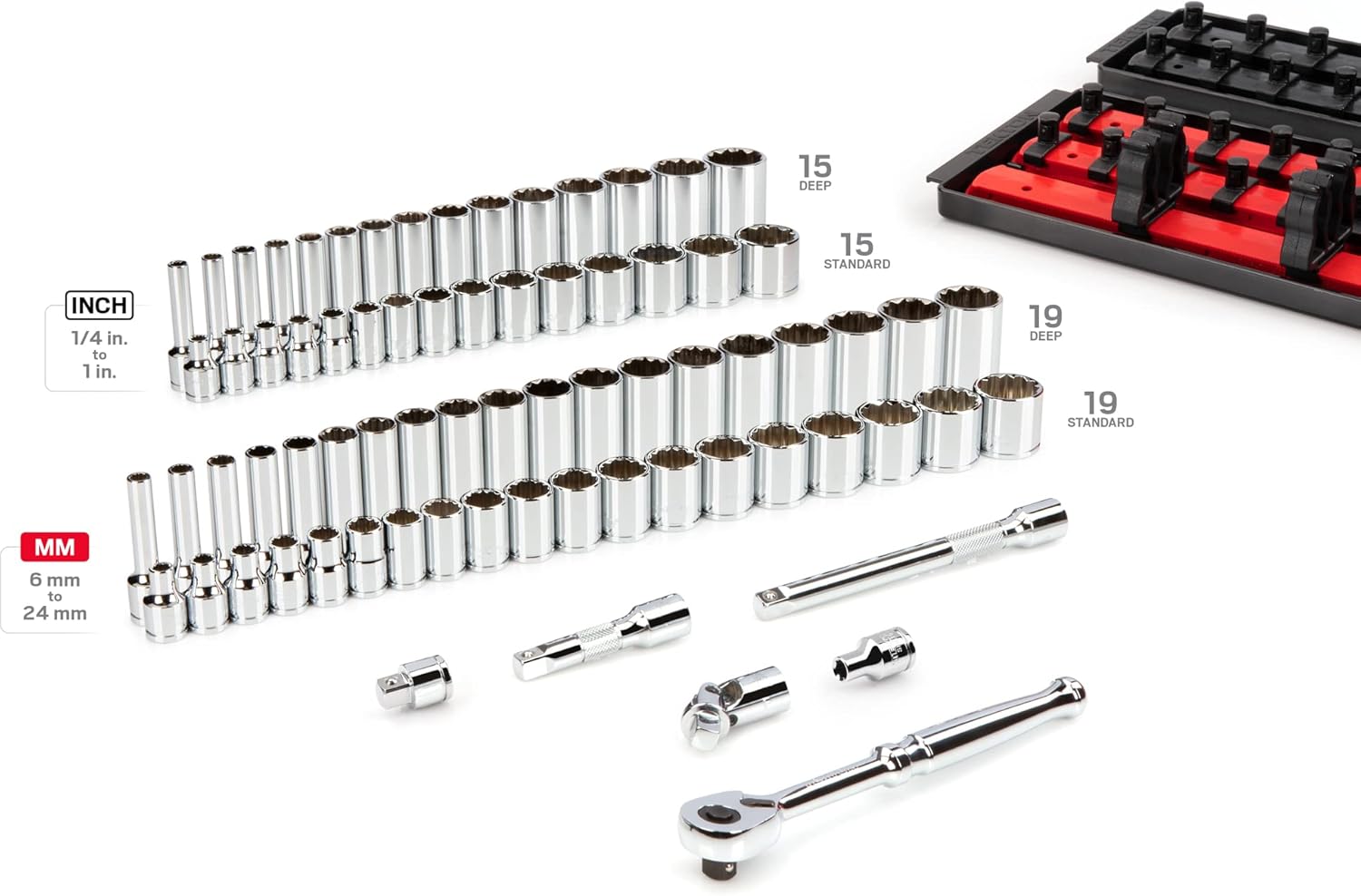 TEKTON 3/8 Inch Drive Shallow and Deep 12-Point Socket and Ratchet Set with Rails and Trays, 74-Piece (1/4-1 in., 6-24 mm) | SKT13302