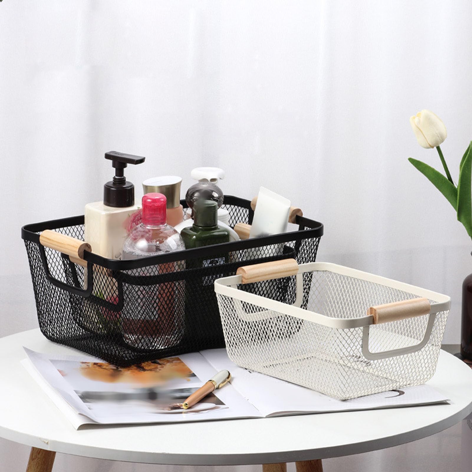 Cesta de almacenamiento con mango de hierro, contenedores organizadores para el hogar, cesta de malla de alambre con asas de madera, para cocina, baño, oficina, (Negra)