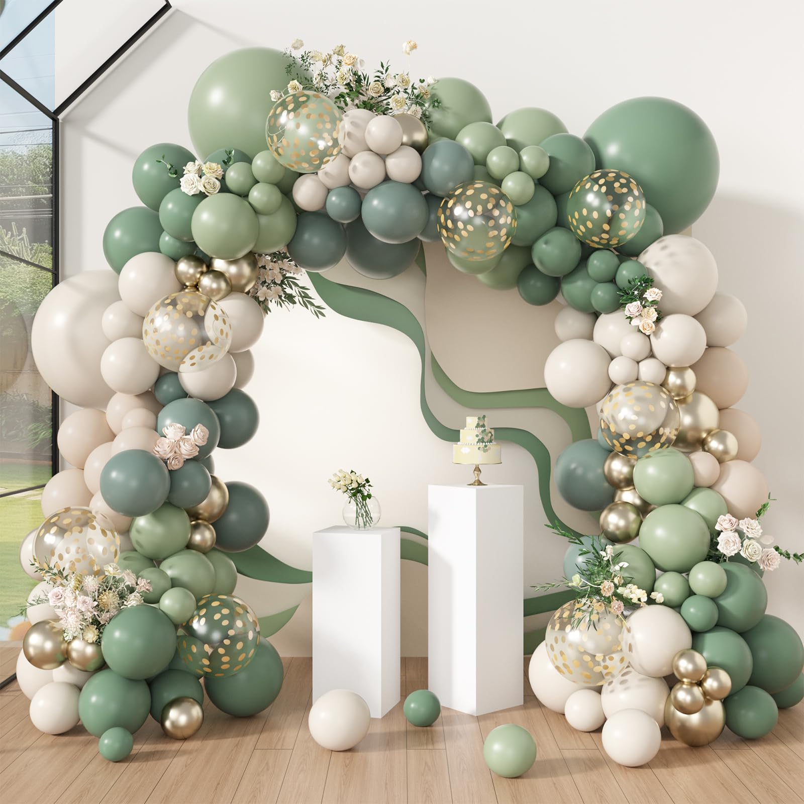 Amandir 173Pcs Dusty Green White Sand Balloon Arch Garland Kit