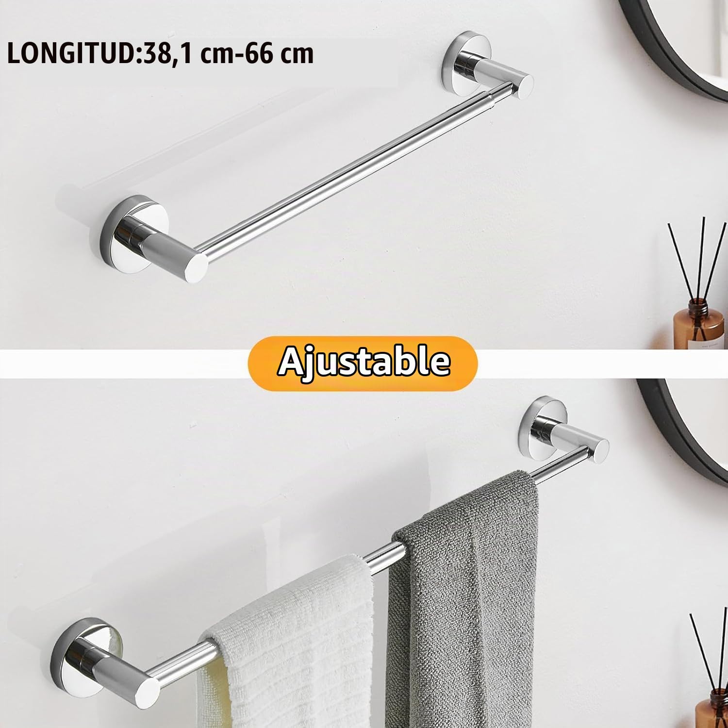 BESy - Toallero Ajustable de 40,4 a 72,6 cm para Accesorios de baño, Soporte de Toalla de Acero Inoxidable SUS304, Soporte de Pared con Tornillos, Barra de Toalla de Mano, Estilo Hotel, Cromo Pulido | SUS304 - Soporte de pared de acero inoxidable con torn
