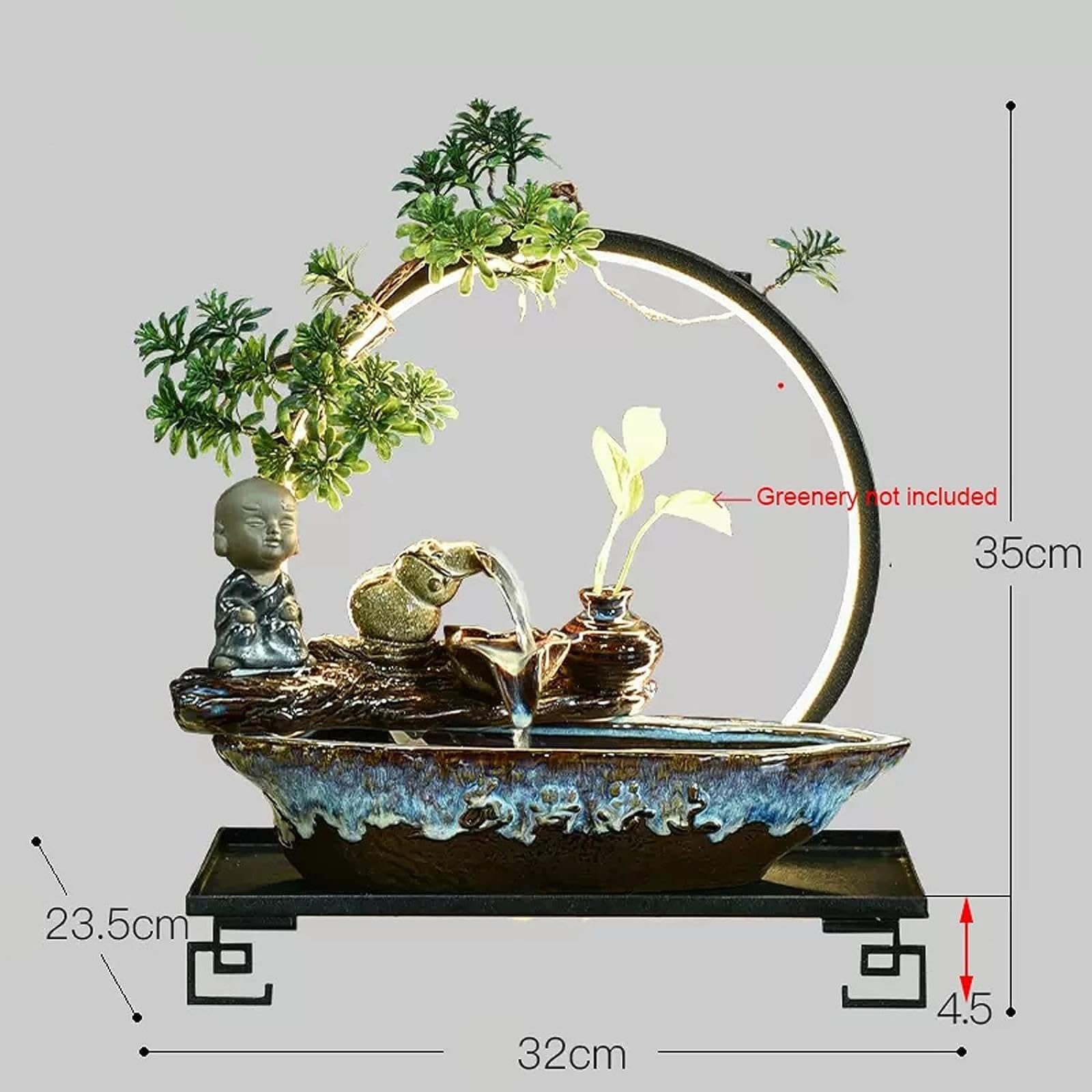 Tischbrunnen für drinnen, Wasserfall mit runder LED-Beleuchtung – Zen-Meditationsbrunnen mit Buddha-Motiv und künstlichen Pflanzen, Feng-Shui-Dekor für Glück und Wohlstand