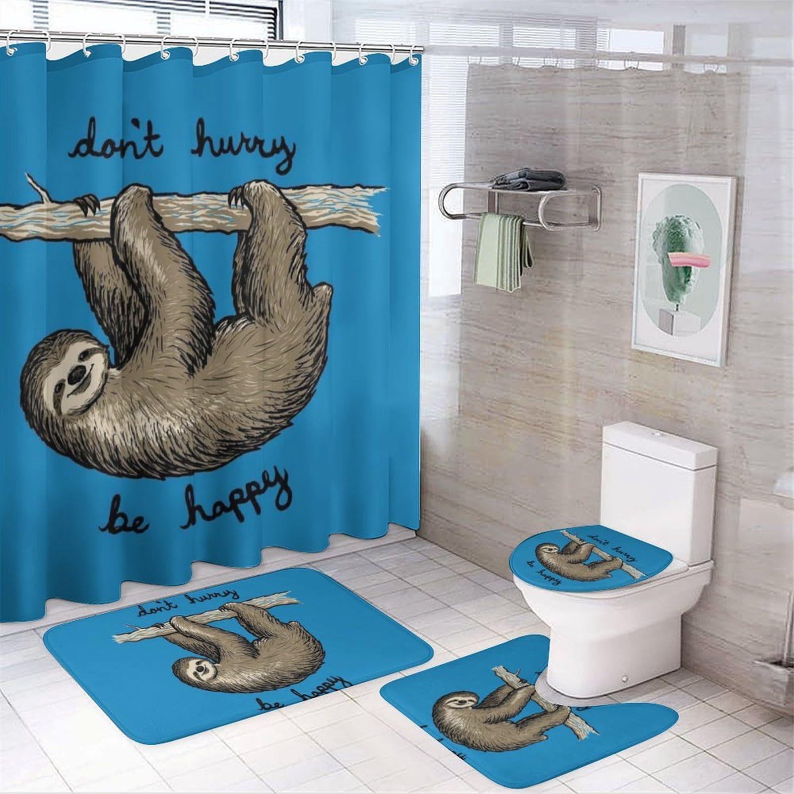 Wlntrophic Bathroom Mat Set 4 Piece, Lazy Sloth Shower Curtain with Non-Slip Bath Mats for Bathroom