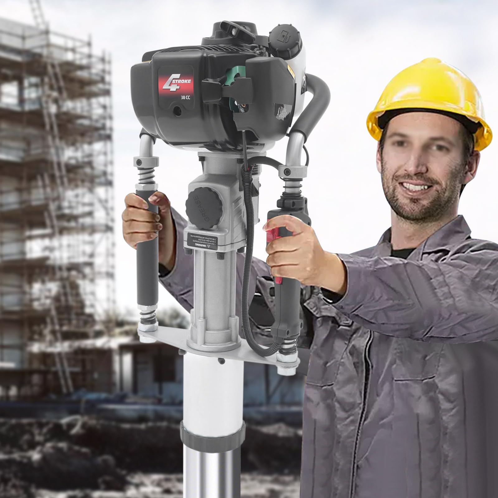 4-Stroke Gas Post Driver, 37.7cc Gasoline Pile Hammer, 1.2KW Power Pile Driver, Ergonomic Design, Suitable for Outdoor Piling and Fencing POIOKLJRE