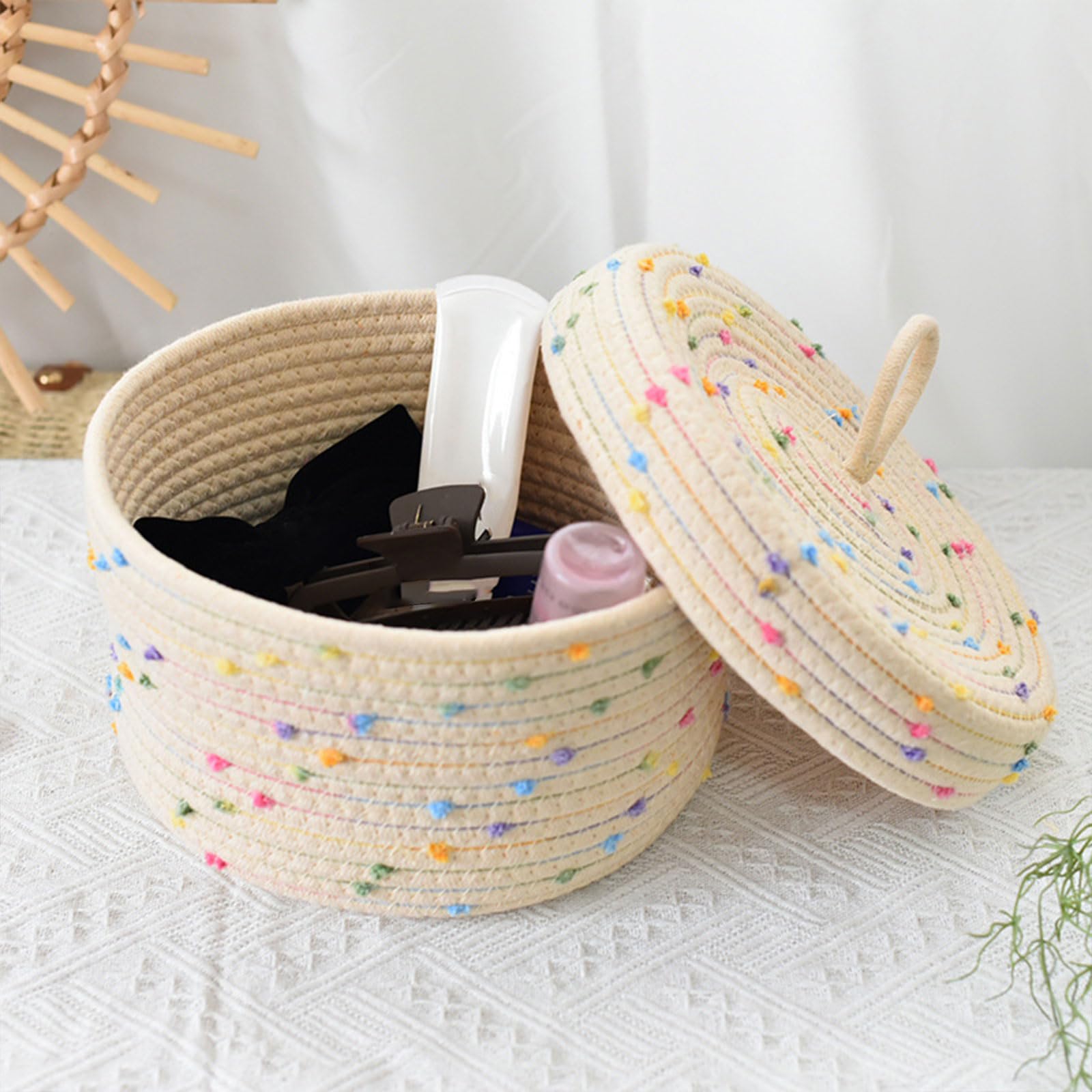 PURPLELILY 2 cestas de almacenamiento de cuerda de algodón resistentes con diseños de tapa para mantener el espacio limpio y ordenado para uso doméstico, cesta de cuerda de algodón