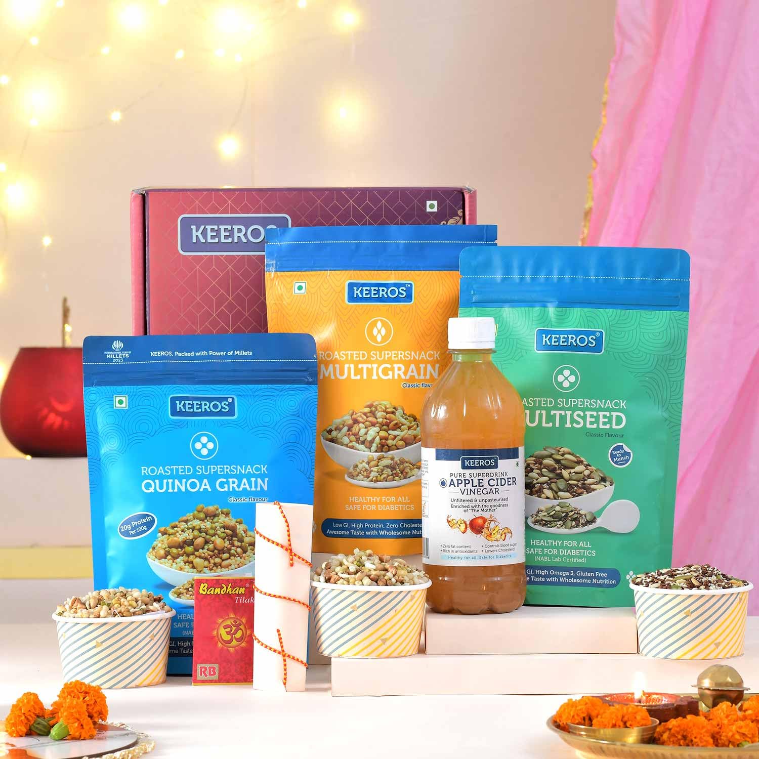 Keeros Healthy Bhai Dooj Gift Hamper for Brother with Roli Moli Chandan Tikka Chawal Mishri | Combo of Sweet & Salted, Tasty & Nutritious Super Snacks & Super Drink in a Premium Gift Pack (B08MXYQKPW) Amazon Price History, Amazon Price Tracker