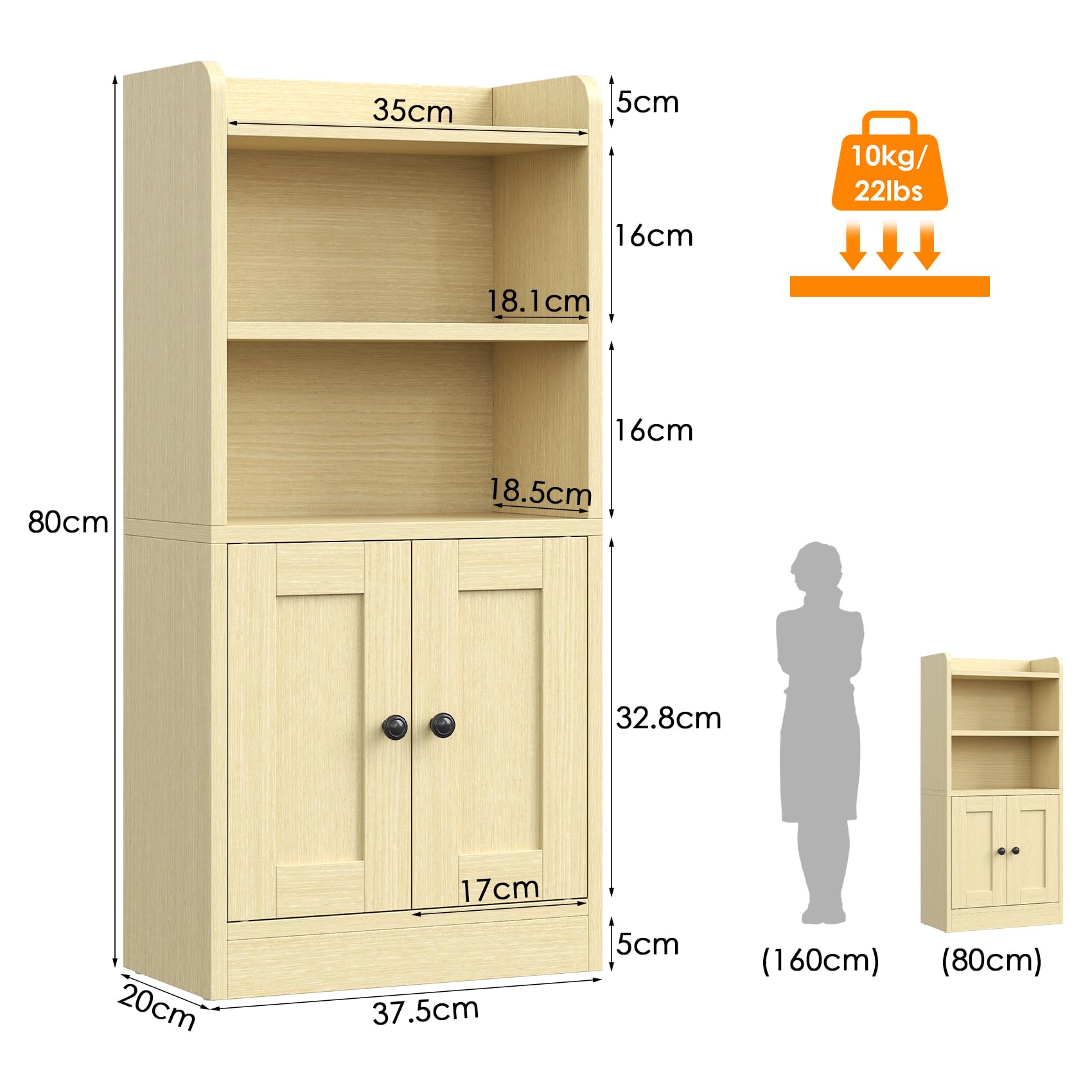 Meuble de salle de bain avec 2 étagères ouvertes et étagères intérieures en bois naturel pour salon, cuisine, couloir