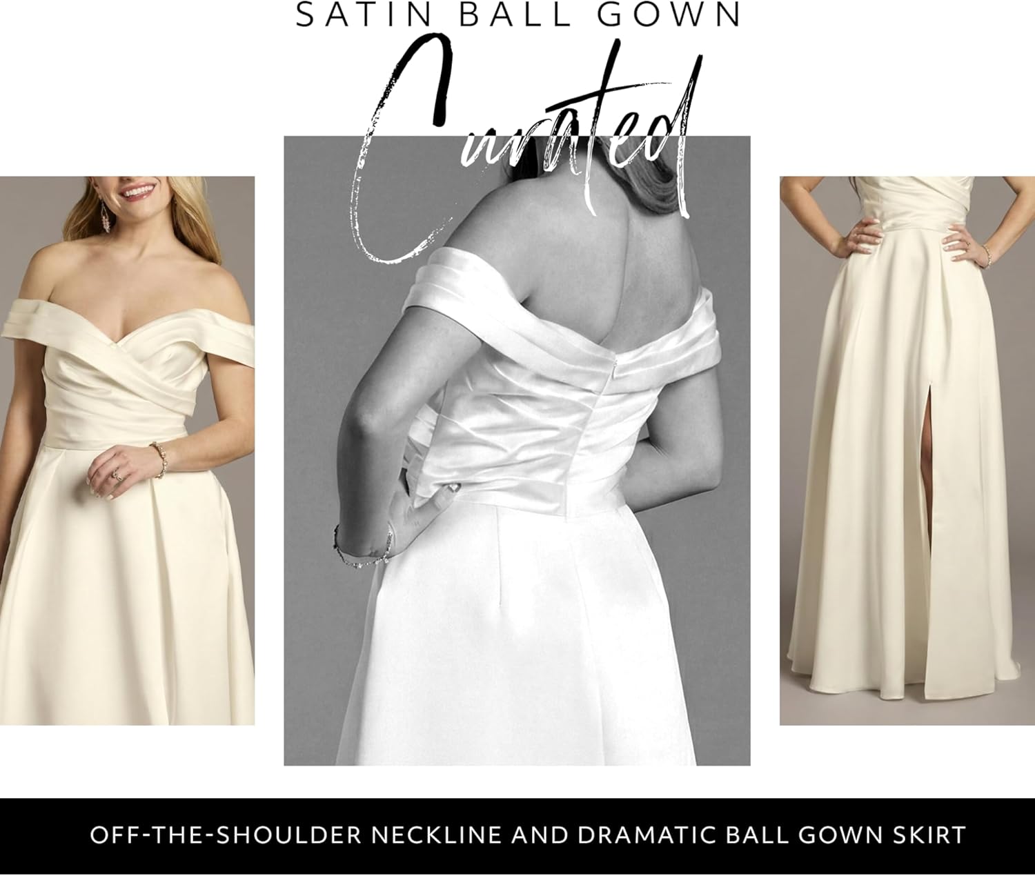 David's Bridal The Edit Off Shoulder Satin Ball Gown Wedding Dress in Ivory - Image 3