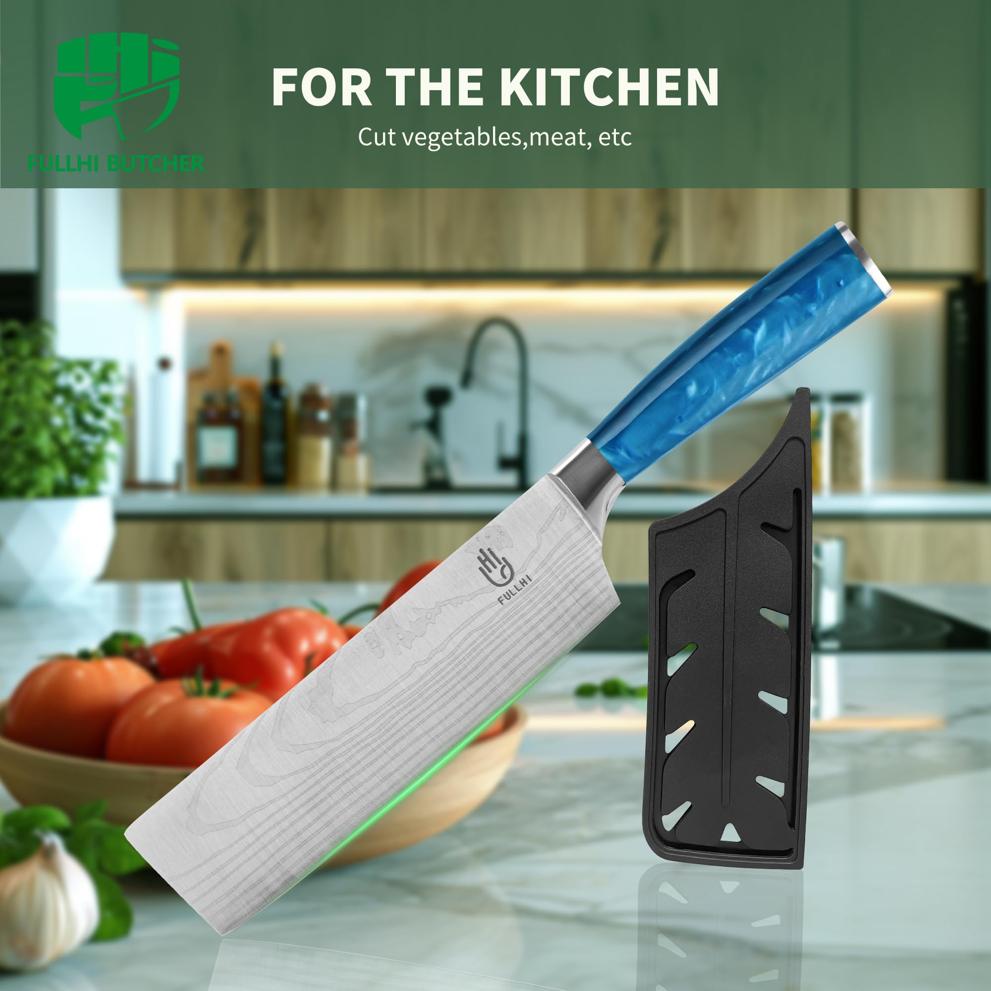 FULLHI Cuchillo Nakiri, Multi Color 7inch Cuchillo Japonés con funda, Acero Inoxidable Cuchillo Cocina Carne Verdura con Guarda (Resina azul)