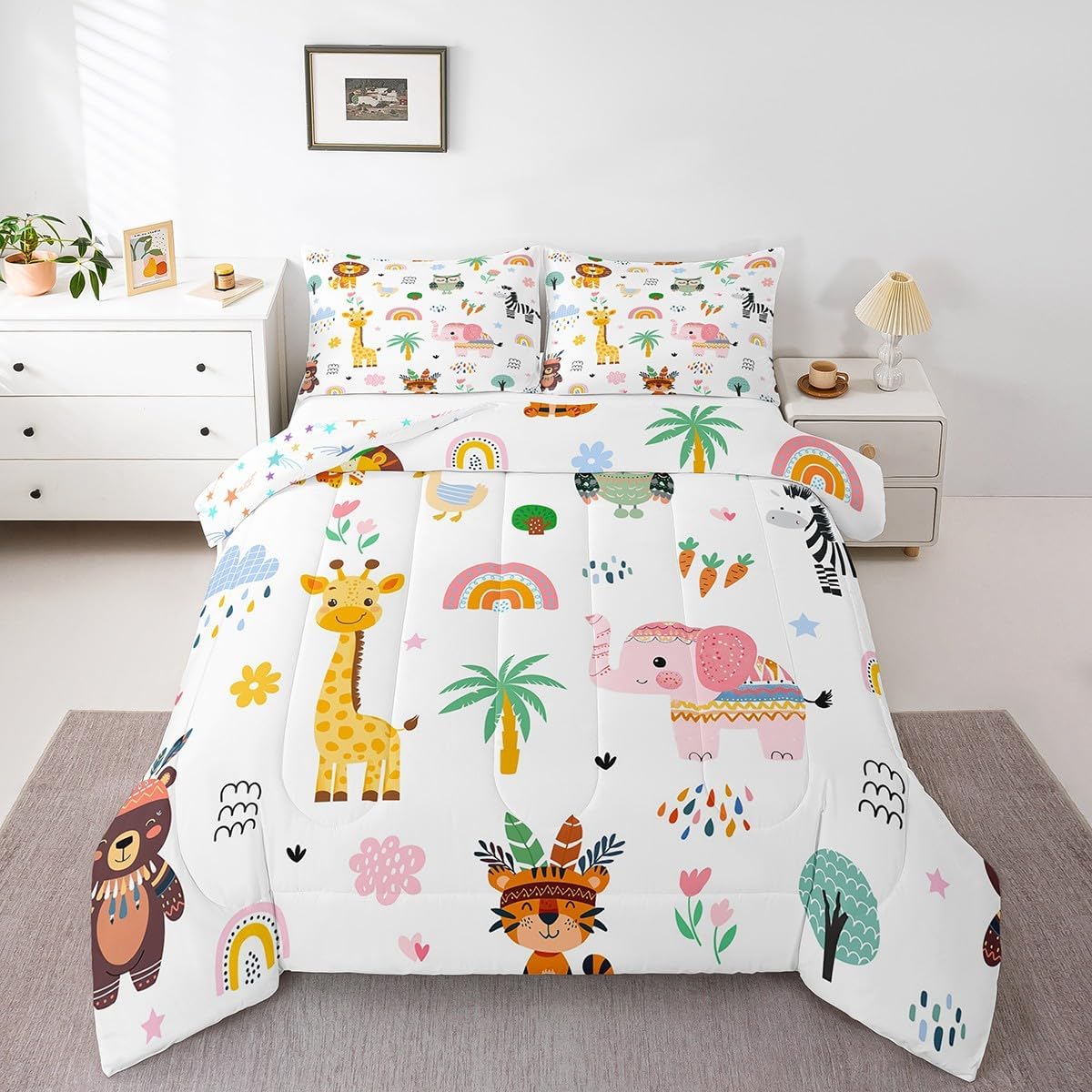 Erosebridal Kids Zoo Animal Twin Comforter Set,Cartoon Animal Cute Bedding Sets for Girls Boys,Rainbow Floral Quilt Bed Set,Giraffe Elephant Zebra Bedroom Decor,1 Pillowcase Reversible