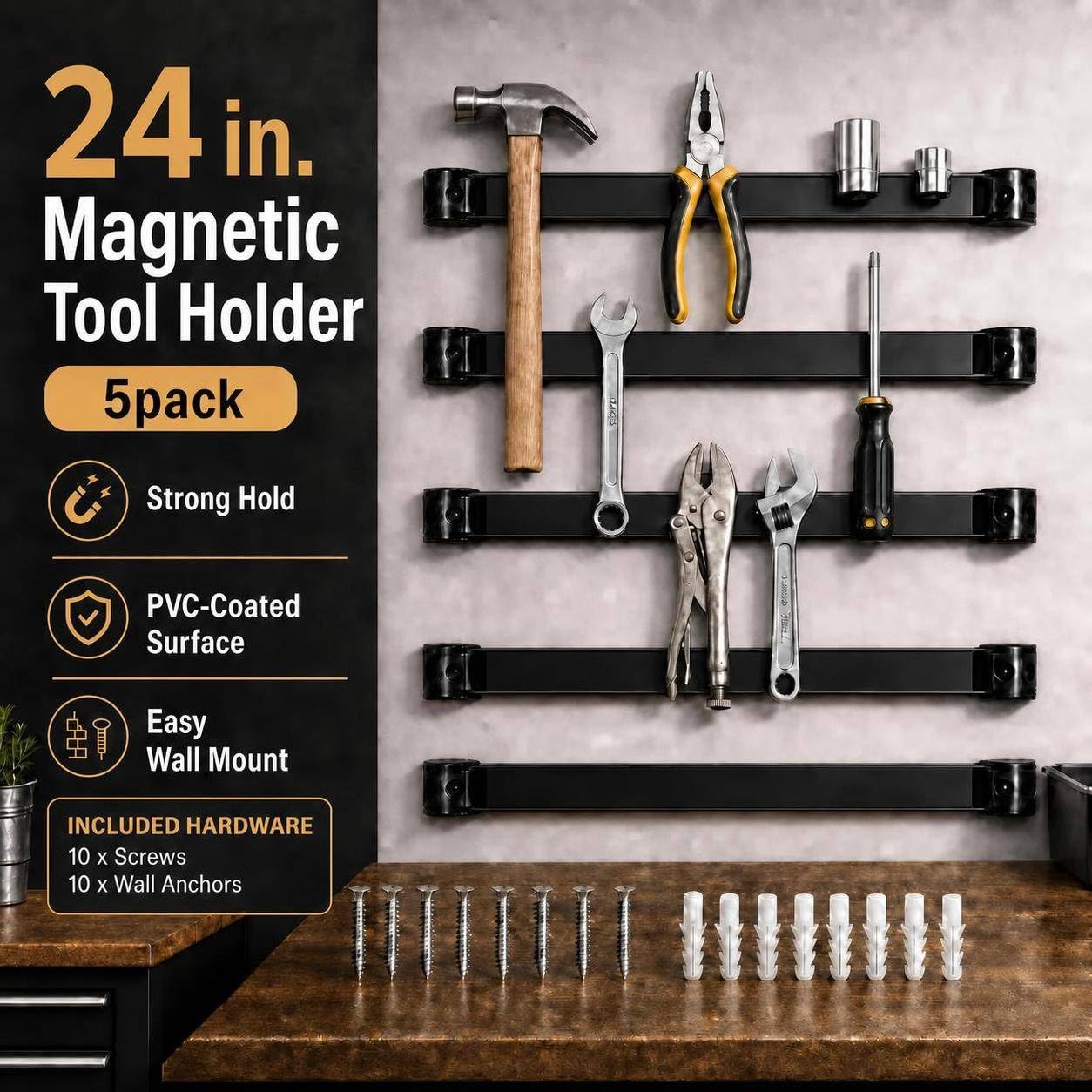 24" Magnetic Tool Holder, 5 Pack PVC-Coated Heavy Duty for Garage — Amazon image 2