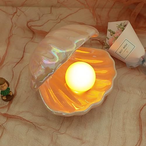 Miniatura 6 de BinaryABC Cerámica Shell Pearl Light Led Lámpara Portátil Noche Luz de mesa, Regalo de San Valentín (Rosa)