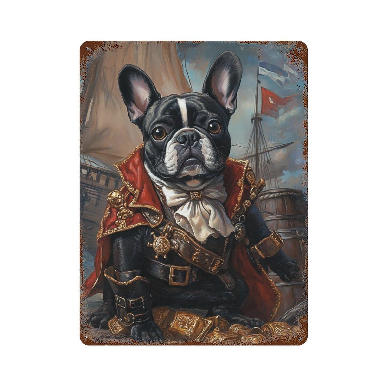 Pirate Bulldog Treasure Chest-1 Distressed Metal Wall Sign 15.7"x11.8", for Garage, Bar And Workshop Decor, Decorative Metal Wall Art