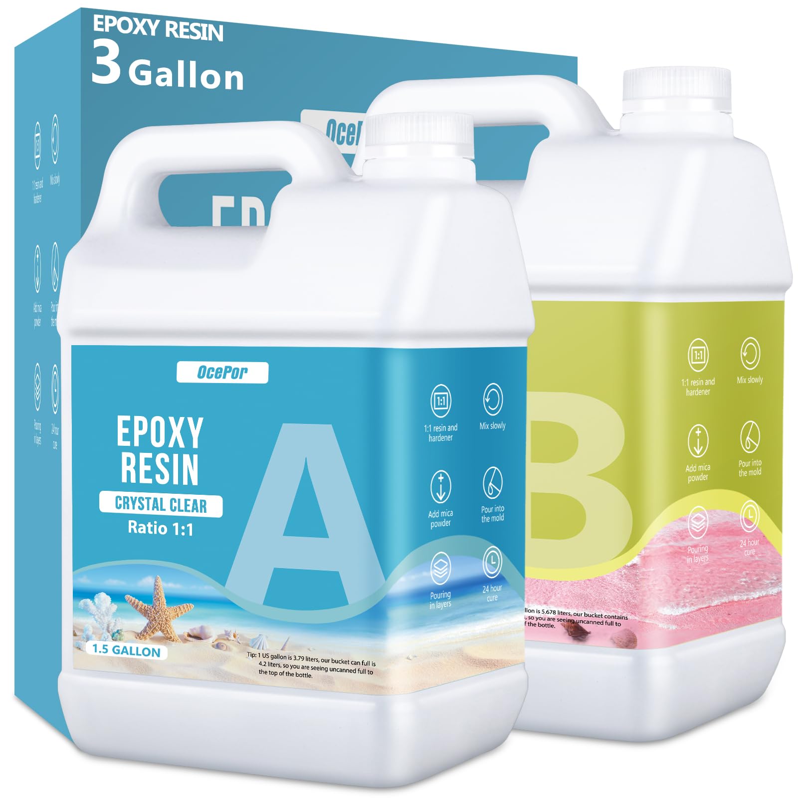 OcePor Epoxy Resin-3 Gallon, Crystal Clear Epoxy Resin Kit, No Yellowing No Bubble Art Casting for Art Crafts, Jewelry Making, Wood & Molds(1.5 Gallon x 2)