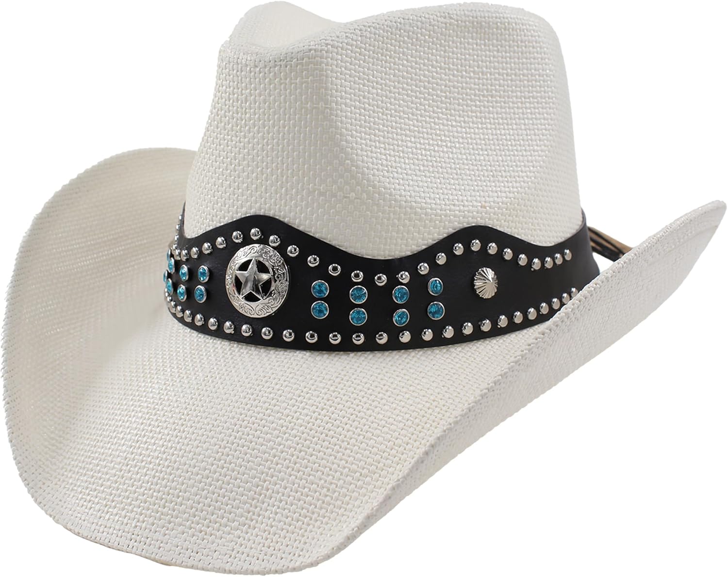 Western Cowboy Hat for Men and Women with Ocean Blue Beads and Shell Accents, Adjustable Summer Straw Hat
