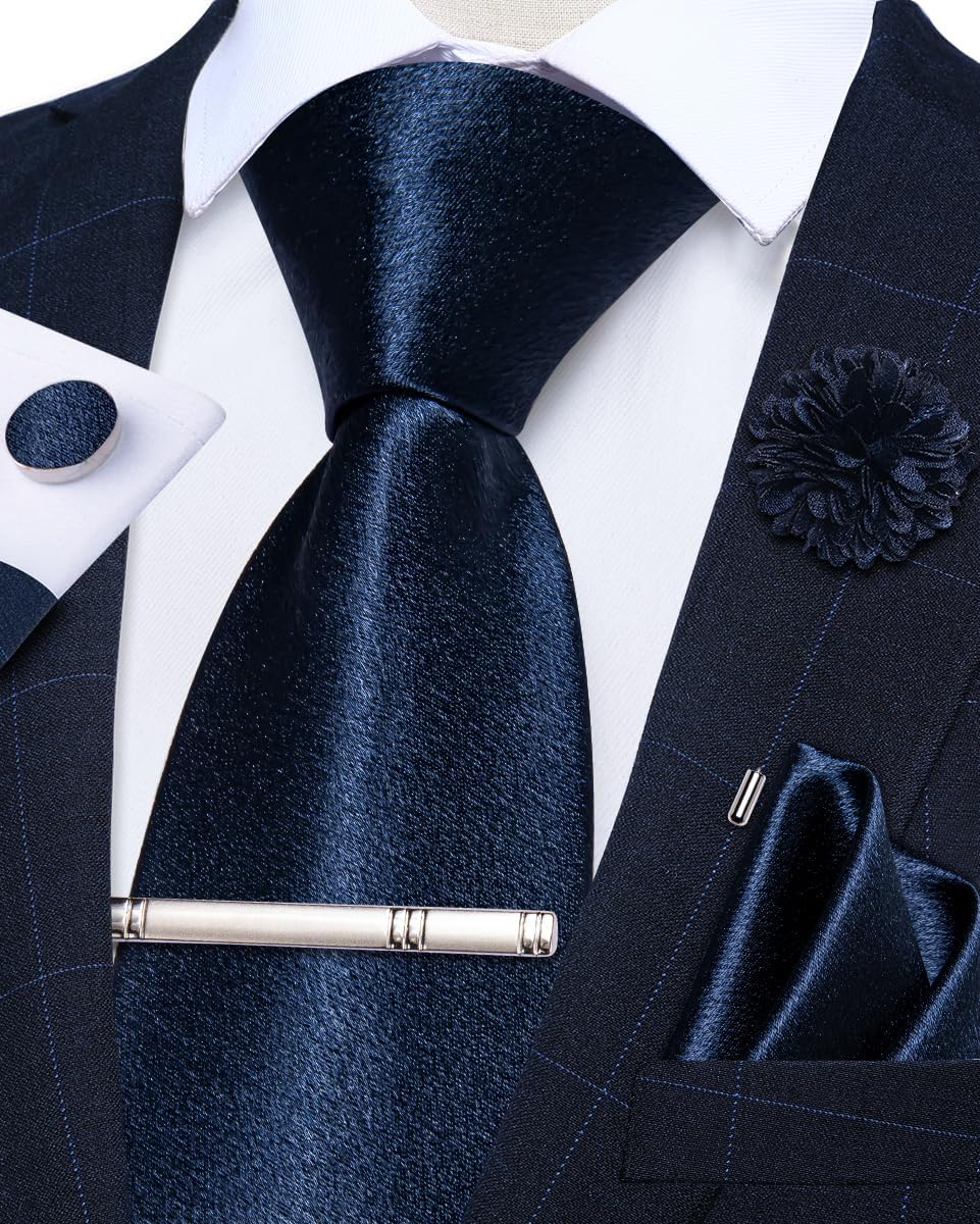 DiBanGu Mens Satin Tie with Lapel Pin Tie Clip Shiny Solid Color Necktie and Pocket Square Cufflinks Set for Wedding Party - Image 2