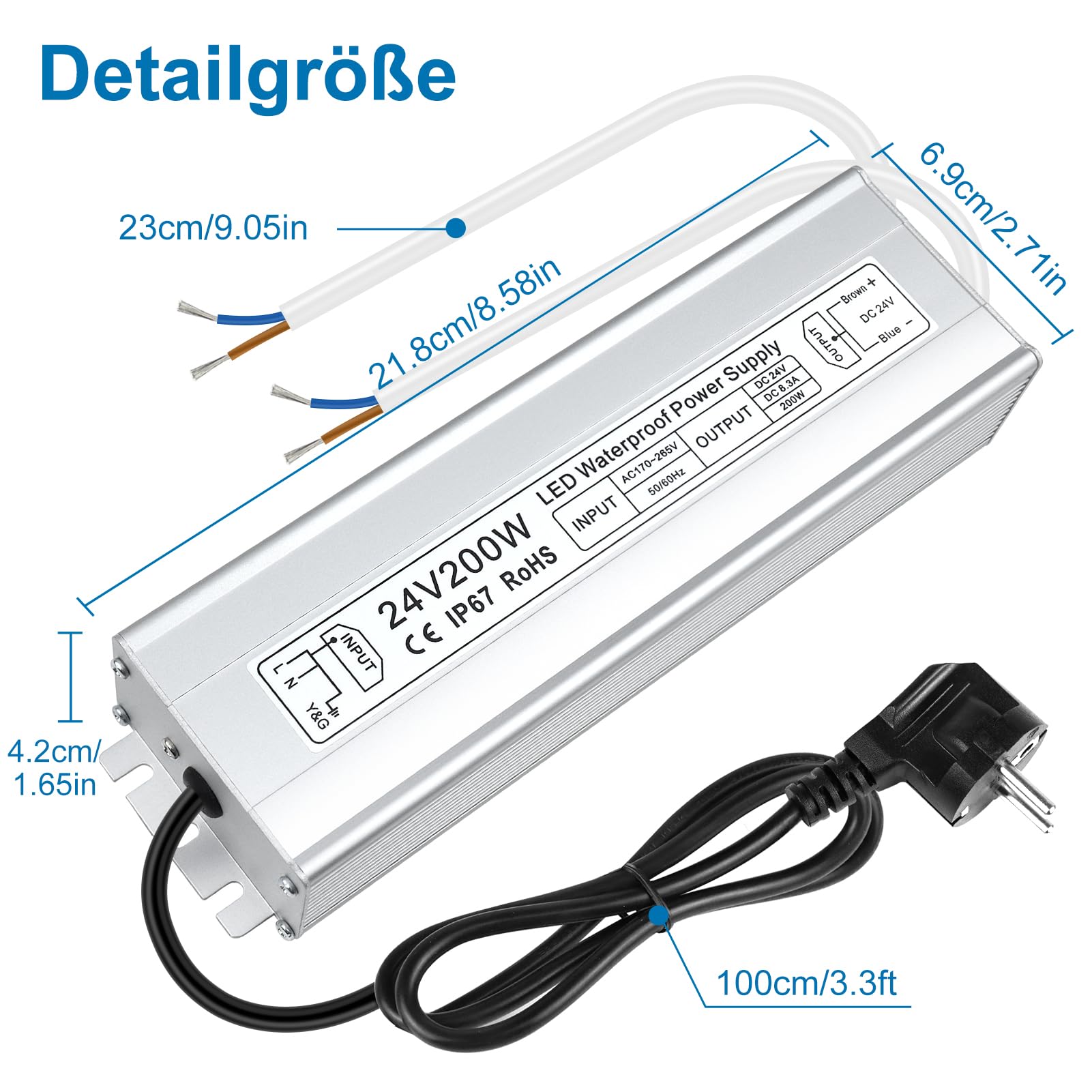 inShareplus Trasformatore LED 24 V 8,33 A 200 W IP67 impermeabile driver per esterni, AC 220 – 240 V a DC 24 Volt a bassa tensione, alimentatore da 24 V per luce LED, progetto computer, uso esterno