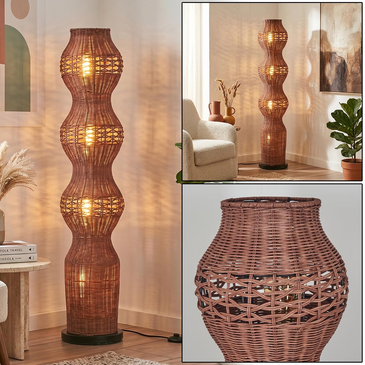 HOFSTEIN Stehleuchte Cardeira, Stehlampe im skandinavischen Design, Boho-Style mit Schirm aus Ratten in Braun und Lichteffekt, E27, Höhe 111 cm, Fußschalter - Wohnzimmer, Schlafzimmer, Esszimmer, Flur