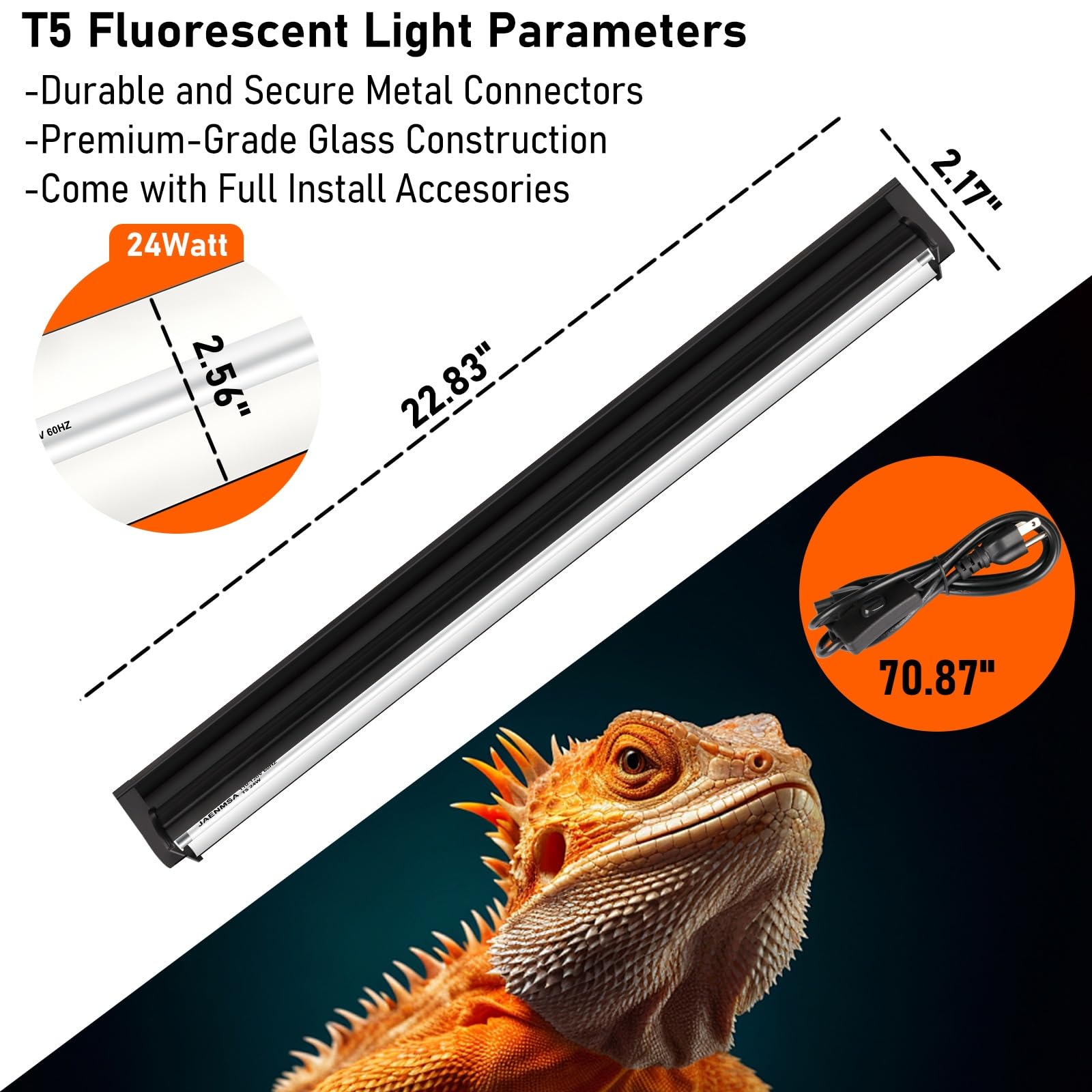 T5 10.0 UVB Light Fixture for Bearded Dragon,UVA UVB Reptile Basking Light lamp Blub 24W 22" for Bearded Dragon,Tortoise,Desert Lizards,Leopard Gecko,Reptile & Amphibian Lamp - image 2
