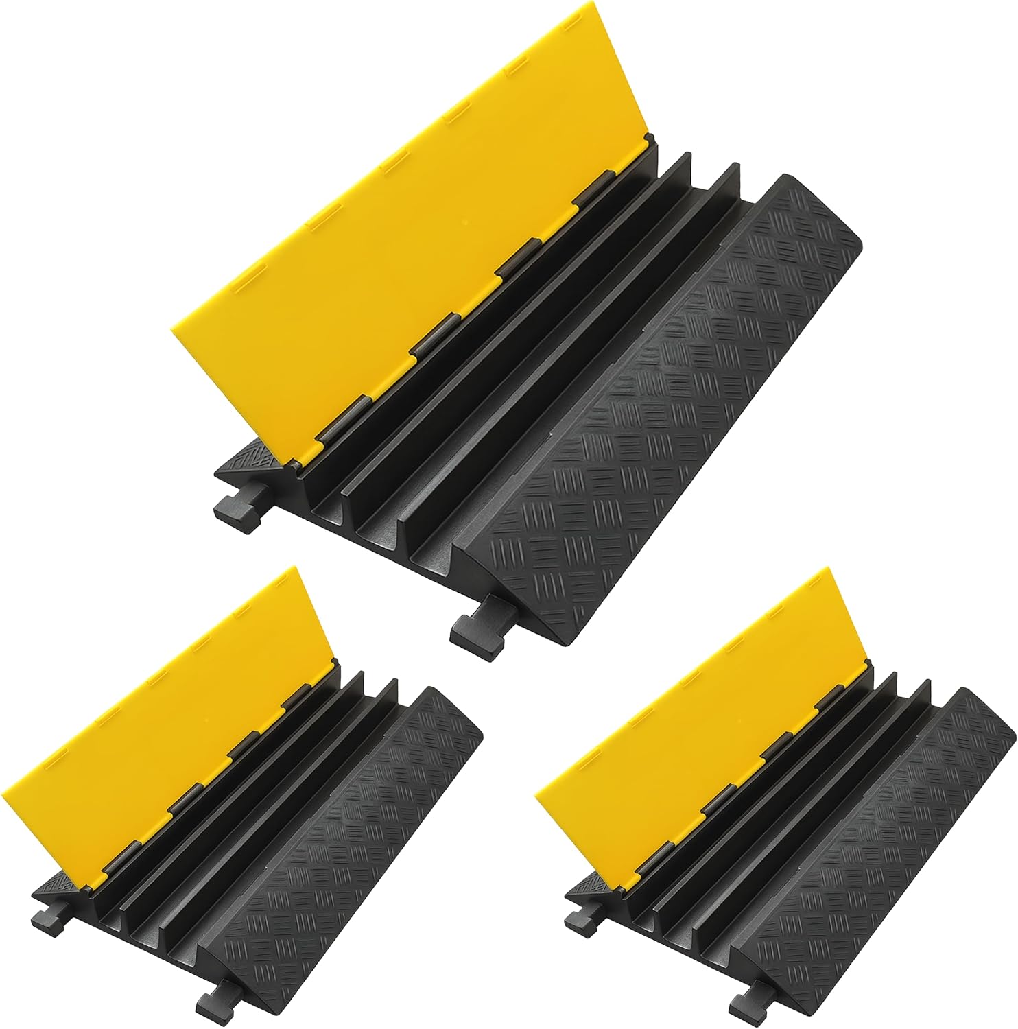 Electriduct Left Turn for Cable Protector 3 Channels 2" x 1.75" Traffic Hose and Wire Cover Rubber Black Base with Yellow Lid (45 Degree) 15,000 lbs/axle