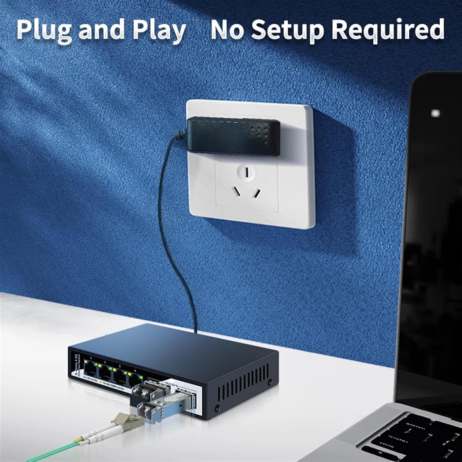 HORACO 2.5GbE Network Switch connected to a laptop via an Ethernet cable, with the power adapter plugged into a wall outlet, demonstrating its plug-and-play setup with no configuration required.