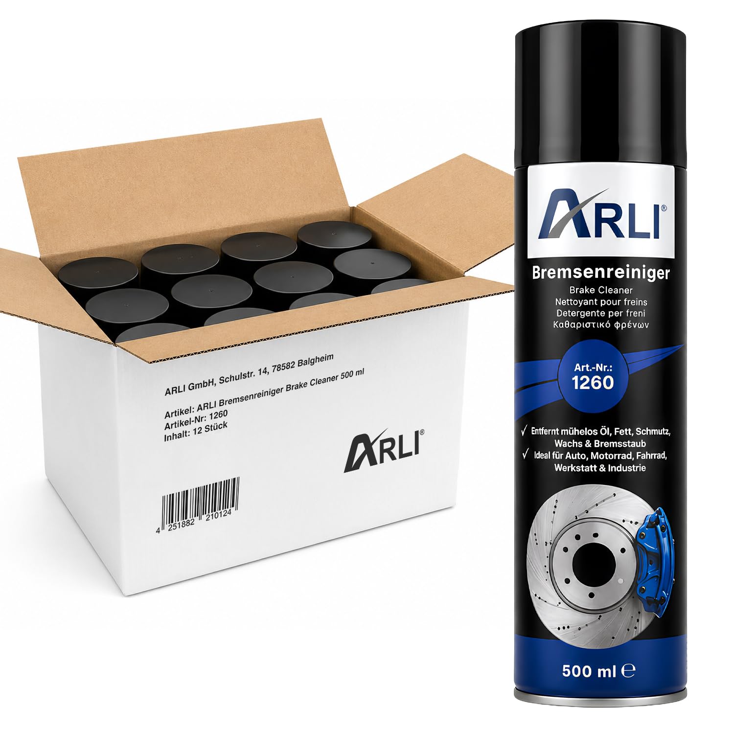 ARLI Bremsenreiniger 24x 500 ml Bremsreiniger Spray Teilereiniger Kaltreiniger Entfetter 360° Ventil für Auto Motorrad Werkstatt Kupplungsreiniger entfernt Öl Fett und Schmutz