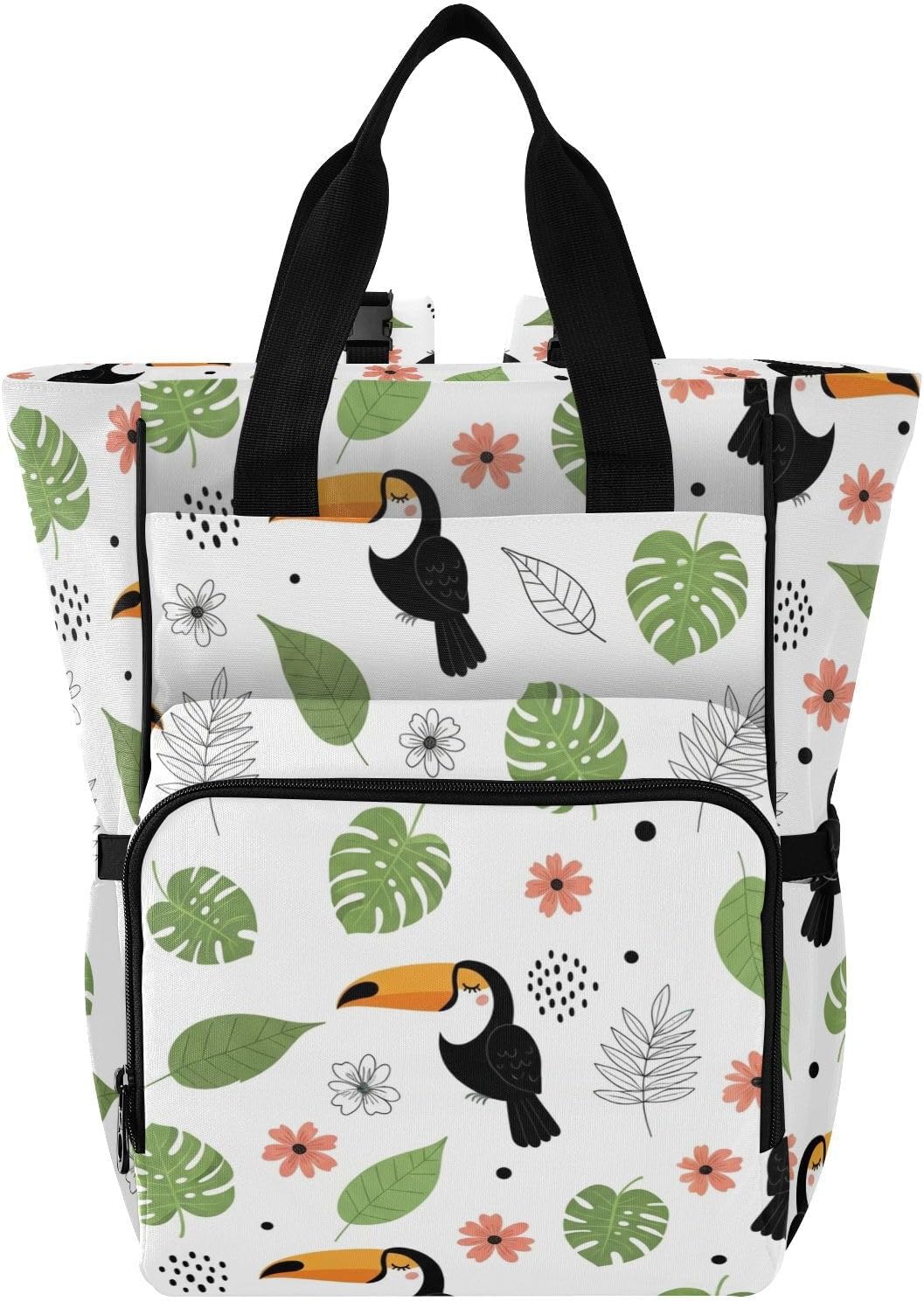 Tropical Birds Leaves White Pattern Diaper Bag Backpack for Baby Boys Girls Multifunction Baby Essentials Travel Tote with Stroller Straps & Bottle Storage Large Travel Diaper Backpack for Baby