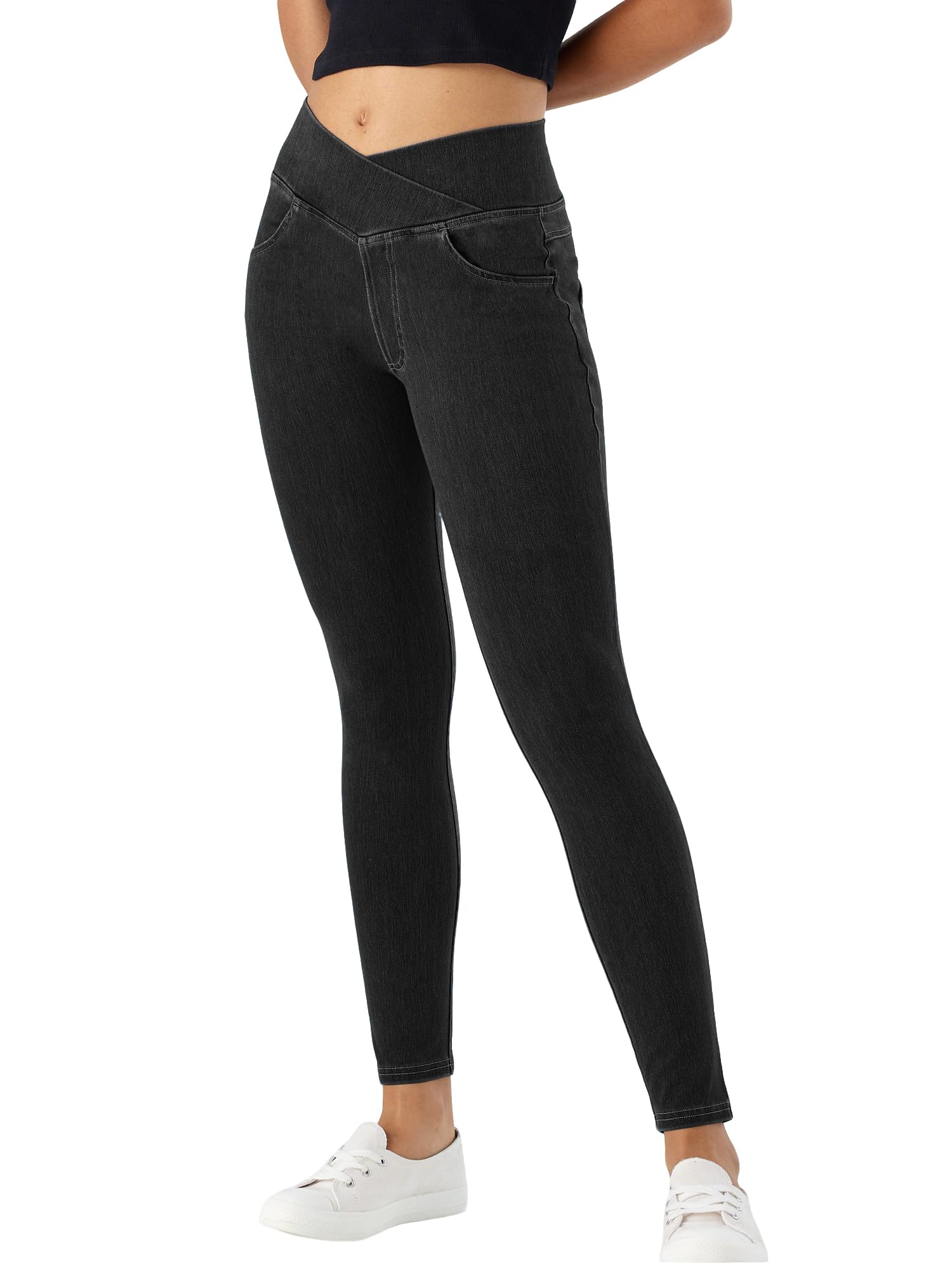 LaiEr V Crossover Skinny Jeans Donna Vita Alta Controllo Pancia Leggings Fitness Casual, Elasticità Morbida Stampa Denim Finto Casual con Tasche Laterali.