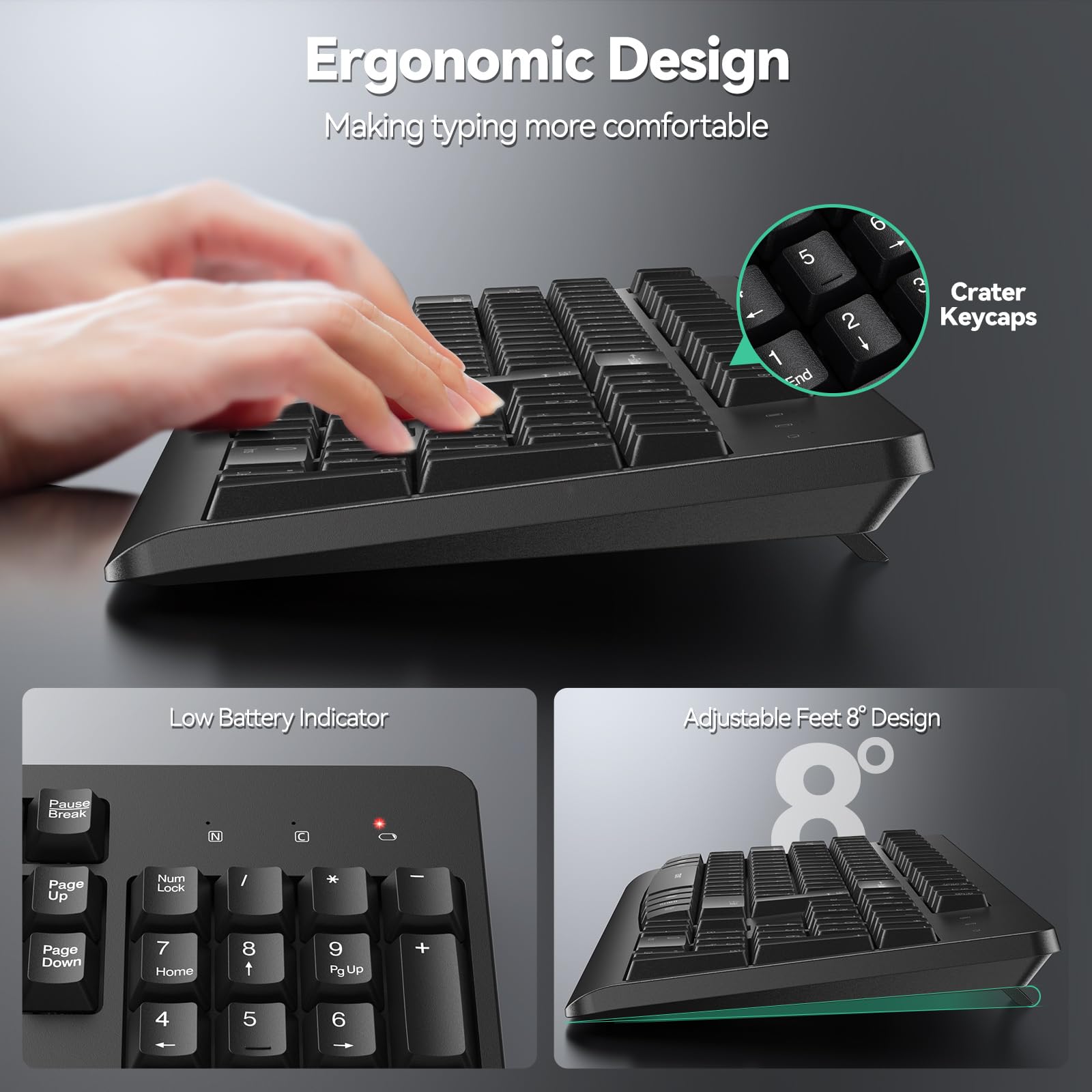 TECKNET Wireless Keyboard for Laptop, 2.4G USB Silent Computer Keyboard with Ergonomic Keys & Adjustable Feet Stand for Desktop, PC, Notebook, and Windows, QWERTY UK Full Size Layout- Black — view 6