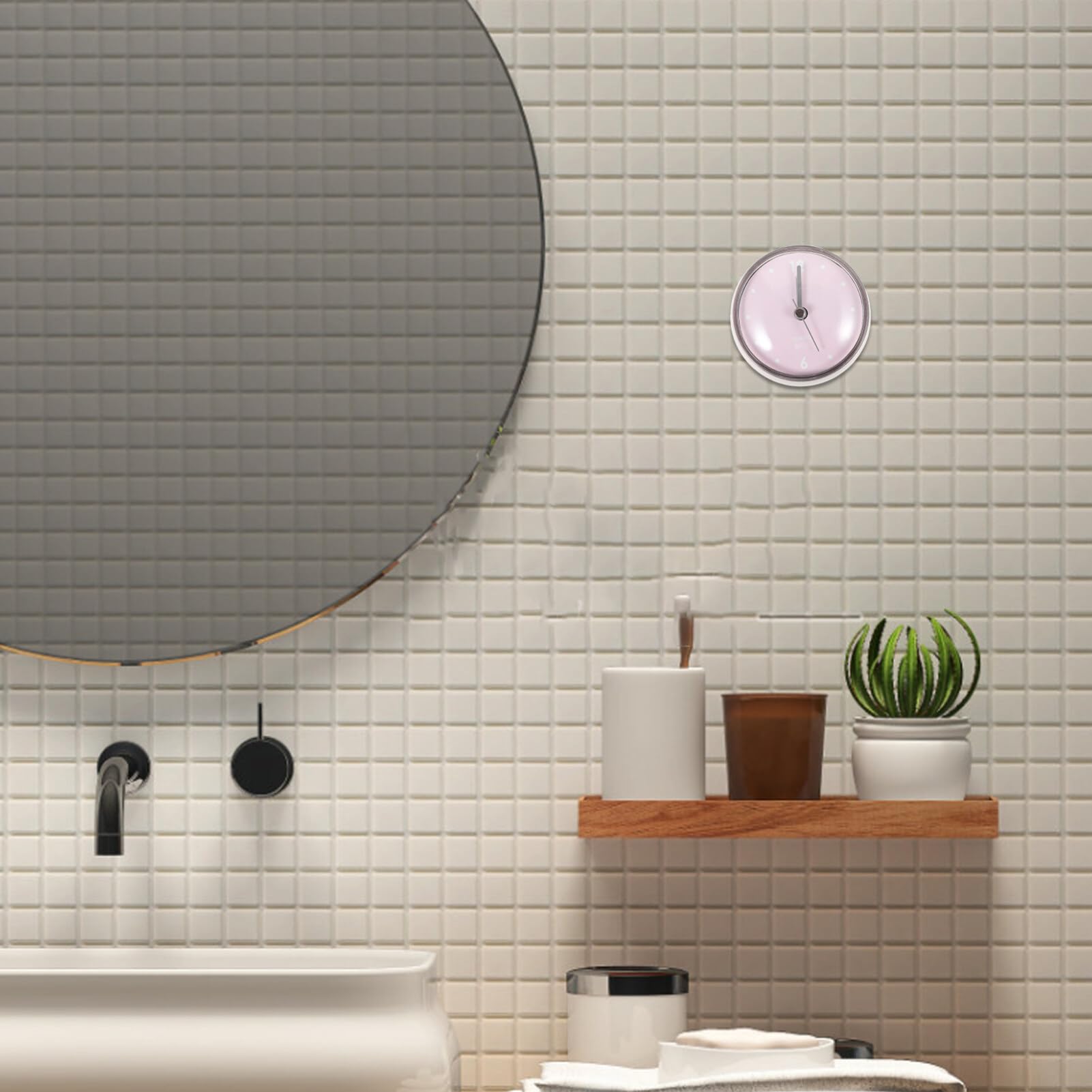 Luxshiny Mini Bath Shower Wall Clock Cup Silent Analog Clock for Bathroom Kitchen Bedroom Decor Face Background
