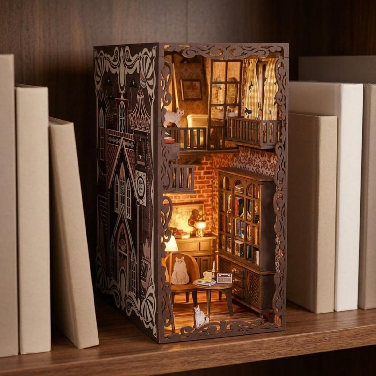 LeeQinersw Miniatur Bausatz Buchstützen Szene Modell Modell DIY Kit Holz Stoff Batteriefach Schalter Warmes Ambiente für Geschenk Hobbyraum Leser