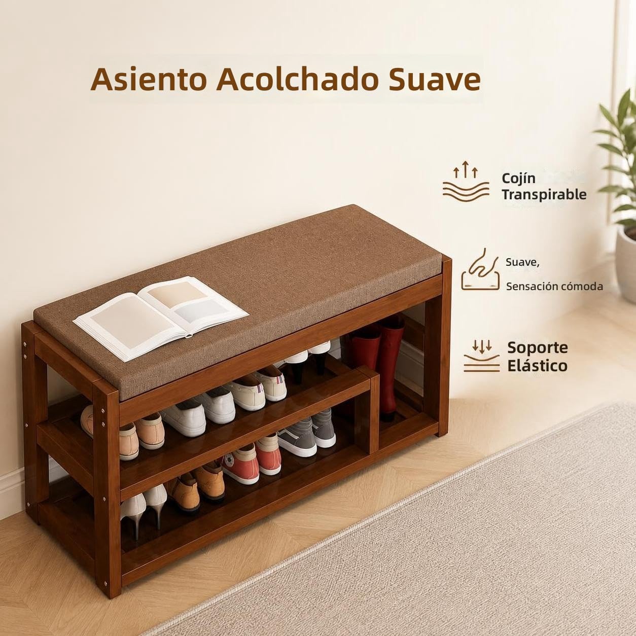 Árbol de Entrada, Perchero y Banco de Almacenamiento de Zapatos, Banco de Madera Maciza con Asiento Acolchado, Multifuncional
