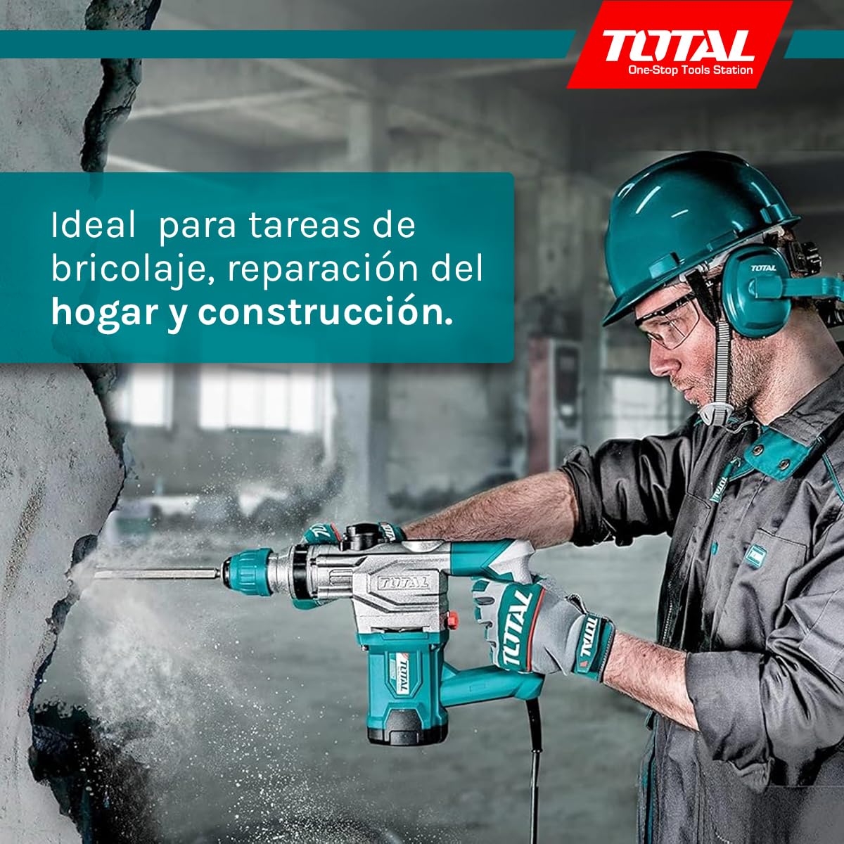TOTAL - Martillo Combinado de Cable con Potencia de 1500 W - Taladro, Percusión y Picado - Velocidad de 850 rpm - Con 3 Brocas, 2 Cinceles y Escobillas