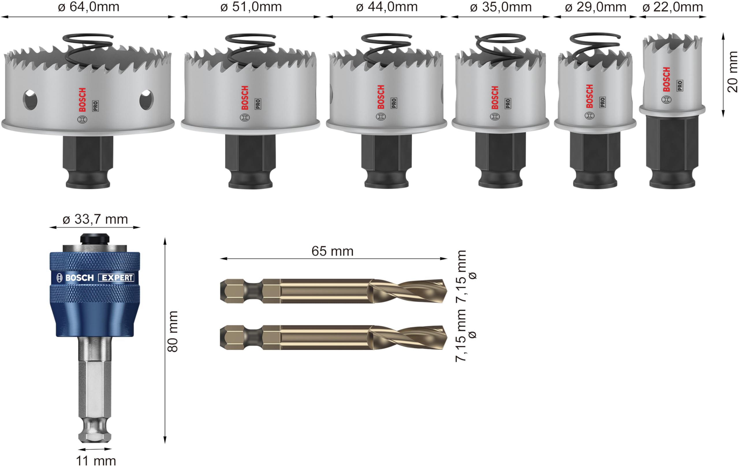 Bosch 8x Set de sierras de corona PRO Sheet Metal Power Change Plus (para Láminas de acero inoxidable, Láminas de acero, Ø 22, 29, 35, 44, 51, 64 mm, Professional Accesorios Taladro)