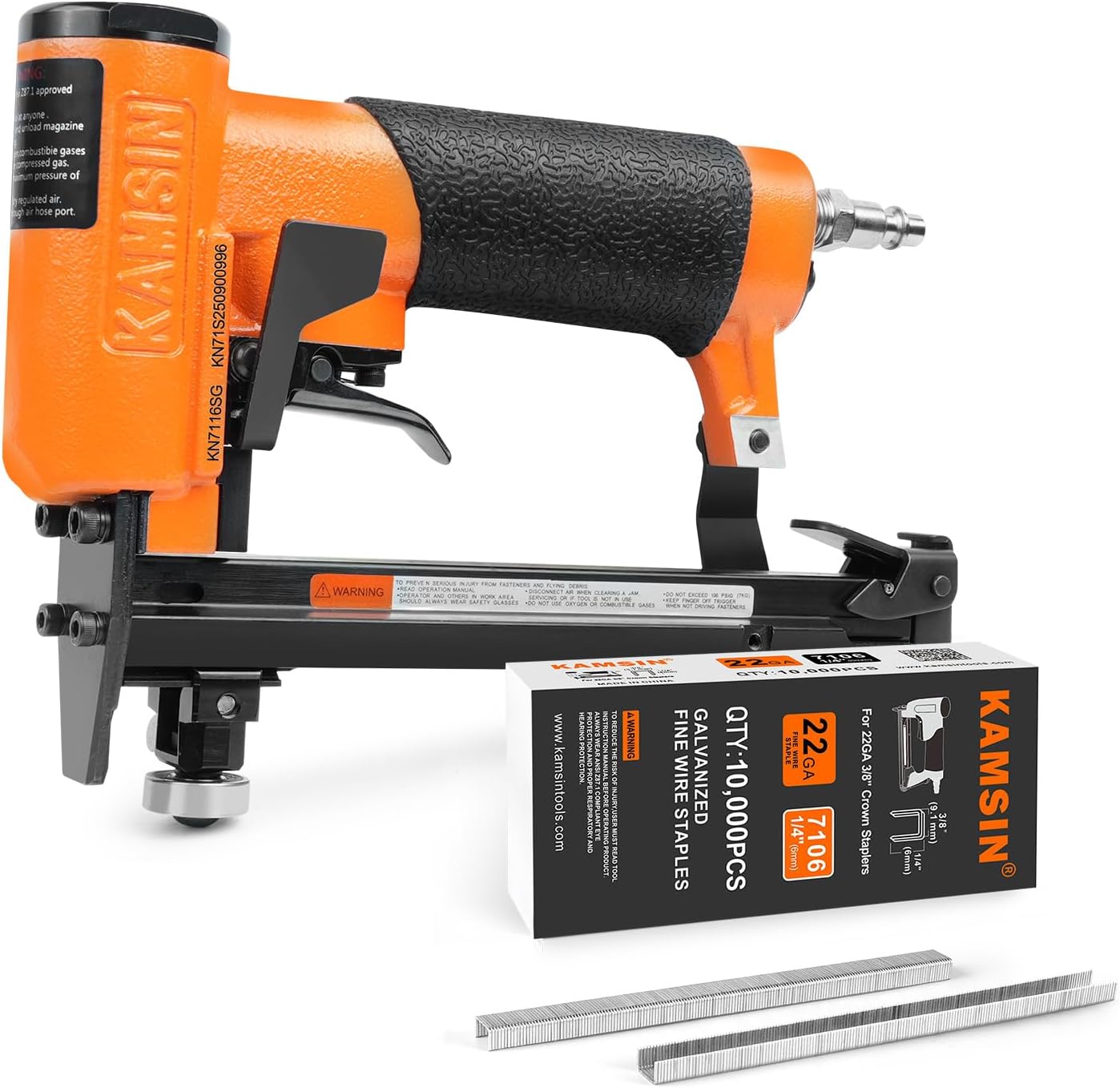KN7116SG 22 Gauge Pneumatic Upholstery Stapler Bundle with 10,000pcs 3/8" Crown 1/4" Leg Length KAMSIN 7106 Staples