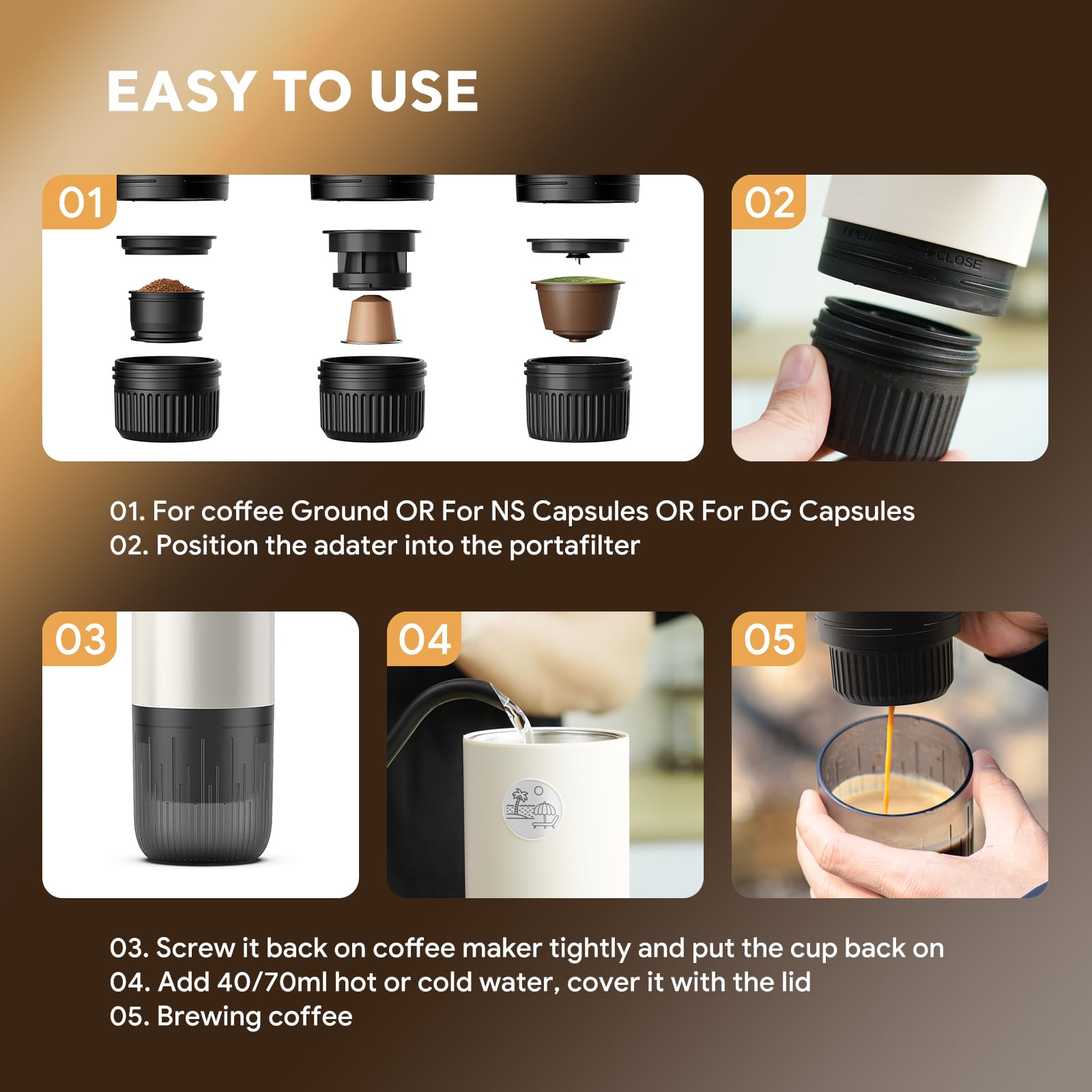 RECAFIMIL Macchina da caffè portatile 3 in 1, macchina per caffè espresso portatile da 19 bar con riscaldamento automatico, compatibile con capsule NS e DG e caffè macinato per campeggio, viaggi e