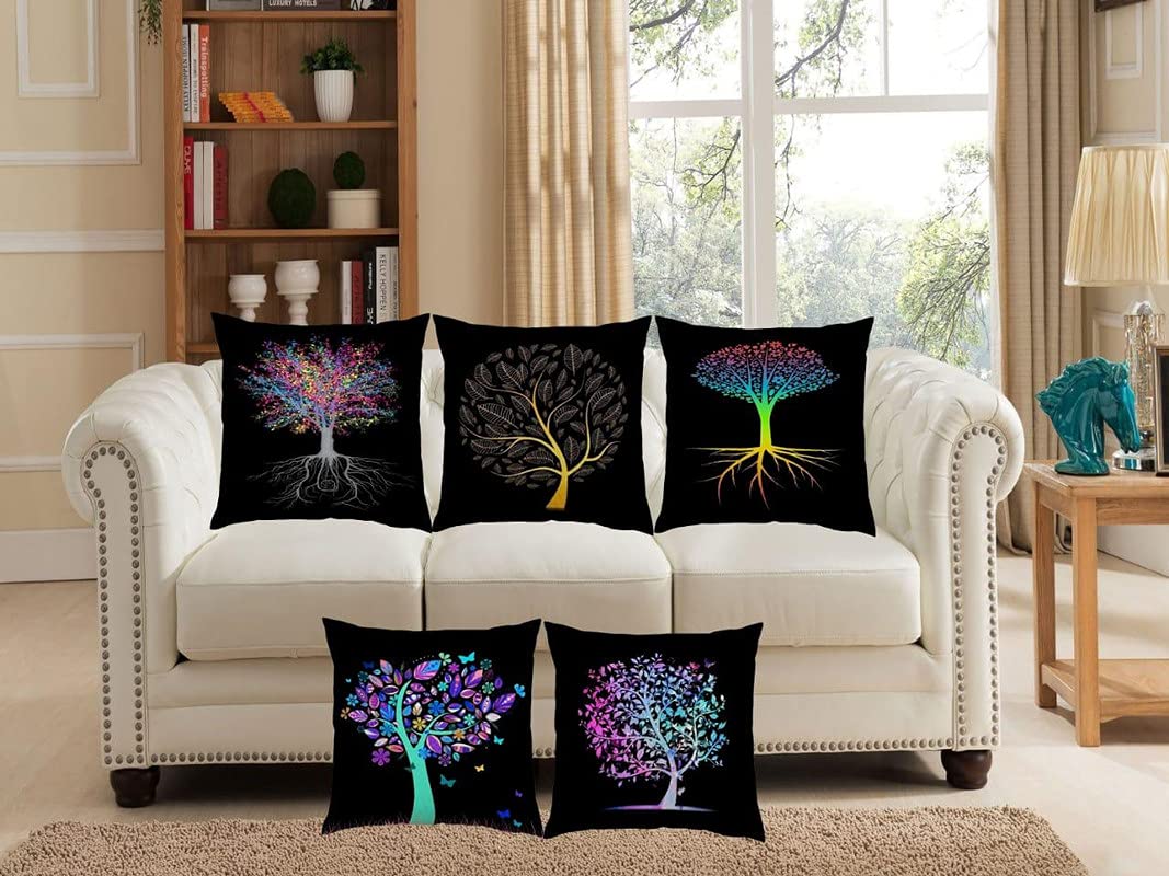 SKJ FURNISHINGS Floral Tree Printed Cushion Covers, 16x16 Inch, Multicolour, Set of 5||Black-Trees
