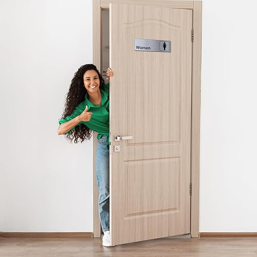 Miniatura 6 de Letreros de aluminio cepillado para baño, para hombres y mujeres, letrero moderno para baño, 9 x 3 pulgadas, decoración para puertas de baño,