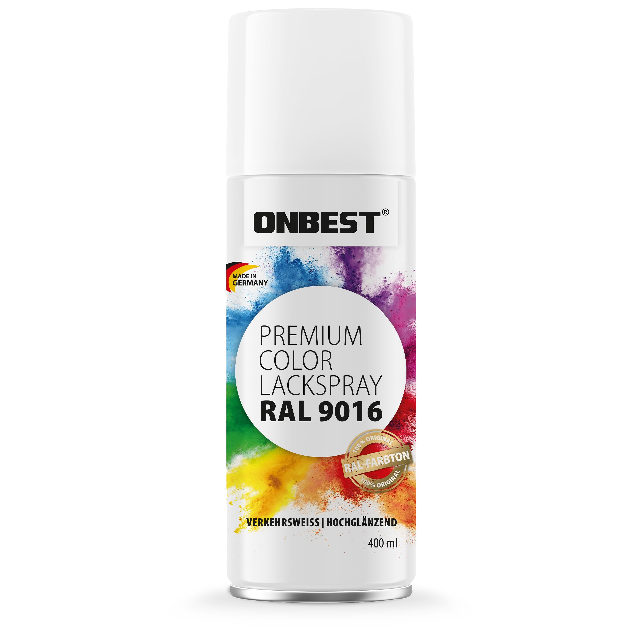 Onbest Premium Lackspray Sprühfarbe – wasserfest – Sprühlack Farbe zum Lackieren, Dekorieren & Reparieren von Oberflächen wie Metall, Holz, Kunststoff, Pappe, Stein (RAL 9016 Verkehrsweiß Glänzend)