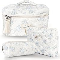 Vista 8 de Bolsa de maquillaje acolchada de algodón, 3 piezas, bolsa de cosméticos de viaje, bolsa de maquillaje floral, bolsa de aseo grande para mujeres