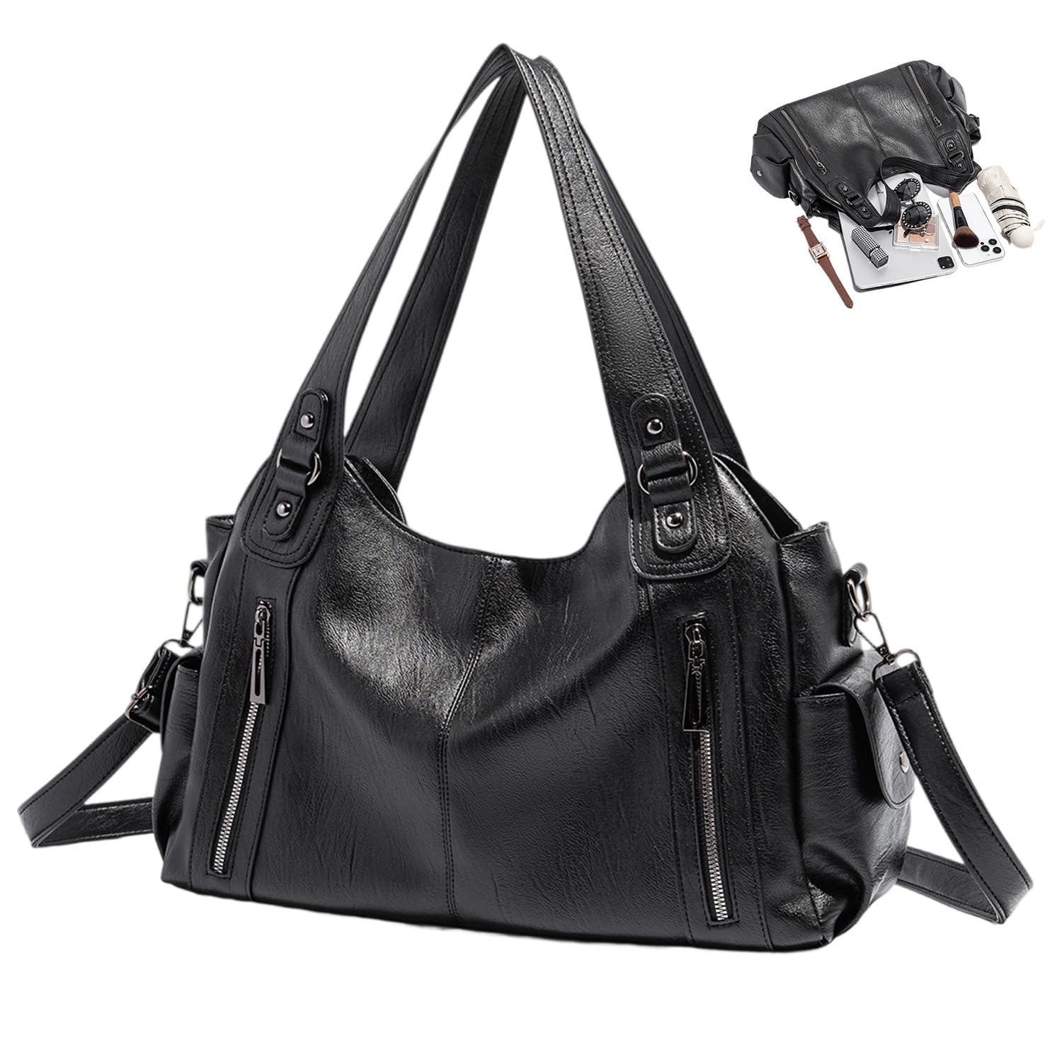 GAQIRENW Tote Bag mujer con Cierre,Bolsas de Mujer PU Tote Bag Impermeable Bolsa Tote de Moda,bolsa grande para mujer Bolso Negra Marrón Khaki Ocio, Compras, Citas, Viajes, Trabajo - Negro