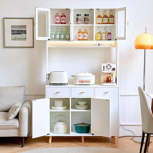 Armario de despensa de cocina con toma de corriente y luz, gabinete independiente grande de 73 pulgadas con armario de buffet, armario alto con