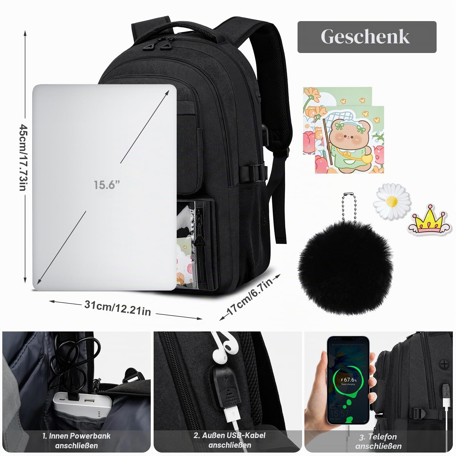 kadilong Schulrucksack Mädchen Rucksack Damen 15,6 Zoll Laptop für Uni, Schultasche Schulranzen mit USB Ladeanschluss Lehrertasche für Arbeit Business Reisen Studenten